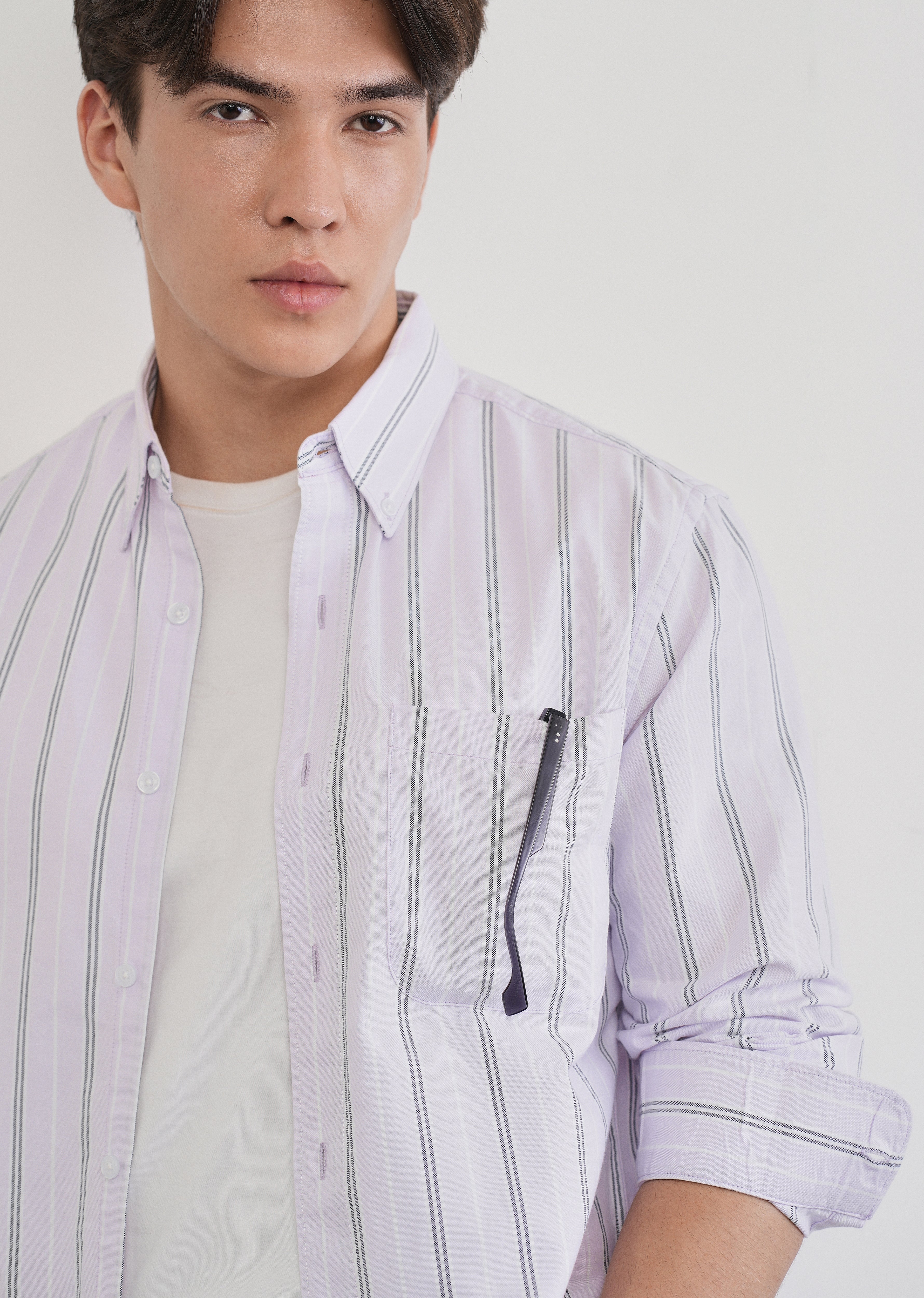 Pastel Lilac Vertical Striped Cotton Shirt