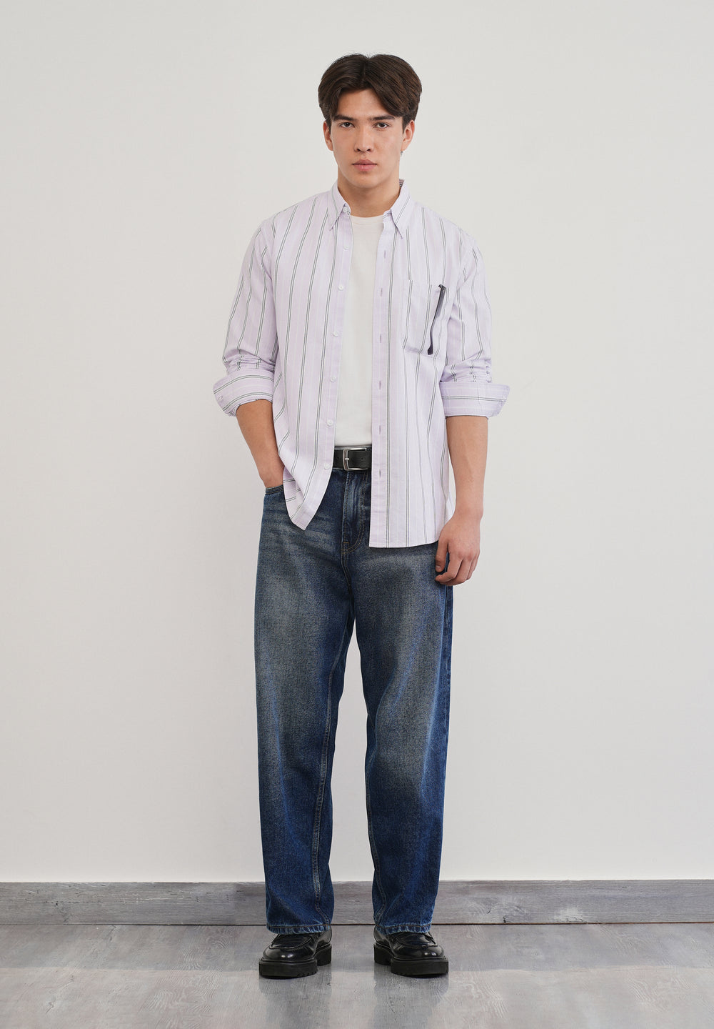 Pastel Lilac Vertical Striped Cotton Shirt