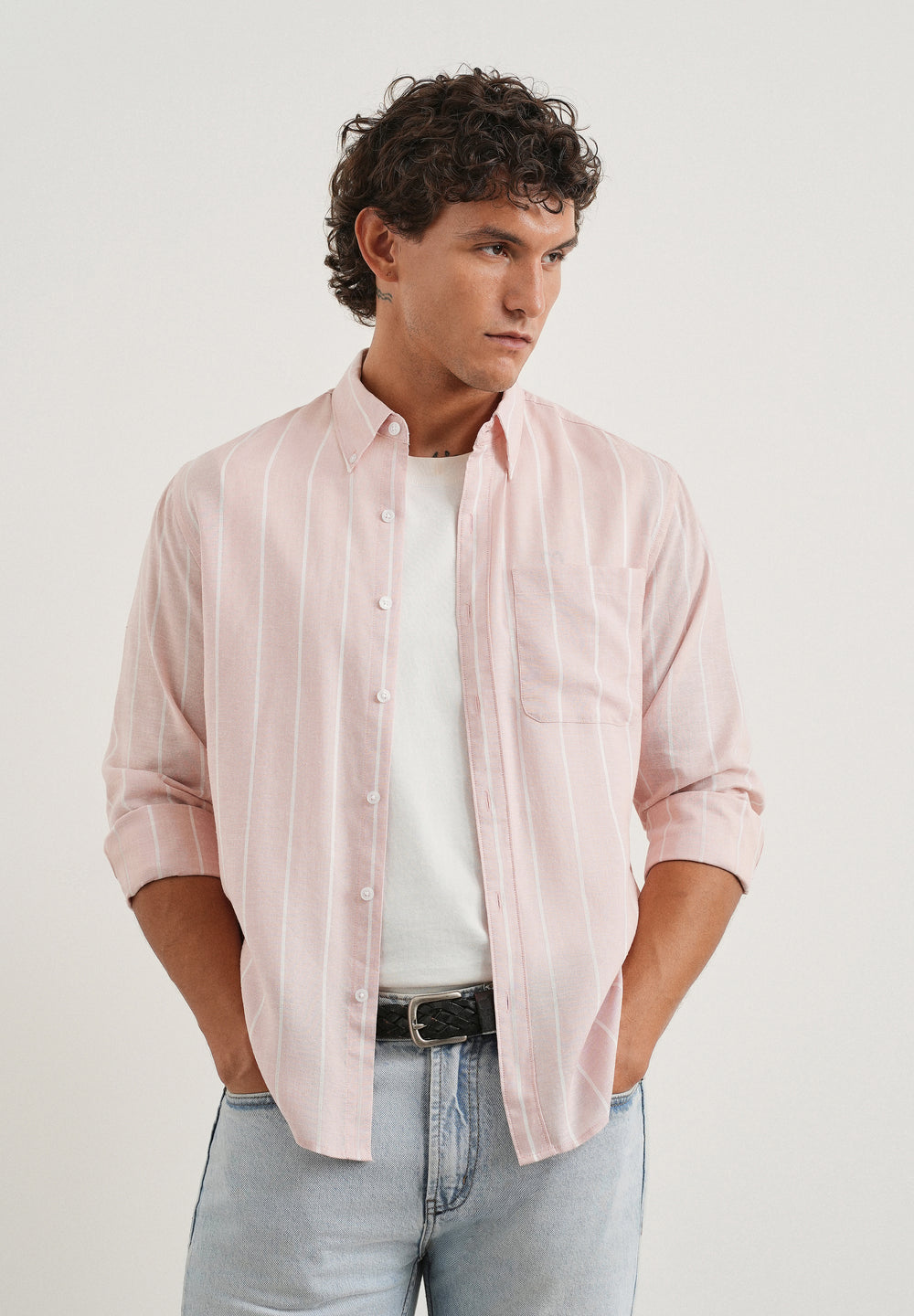 Pastel Pink Lyocell Linen Stripe Shirt