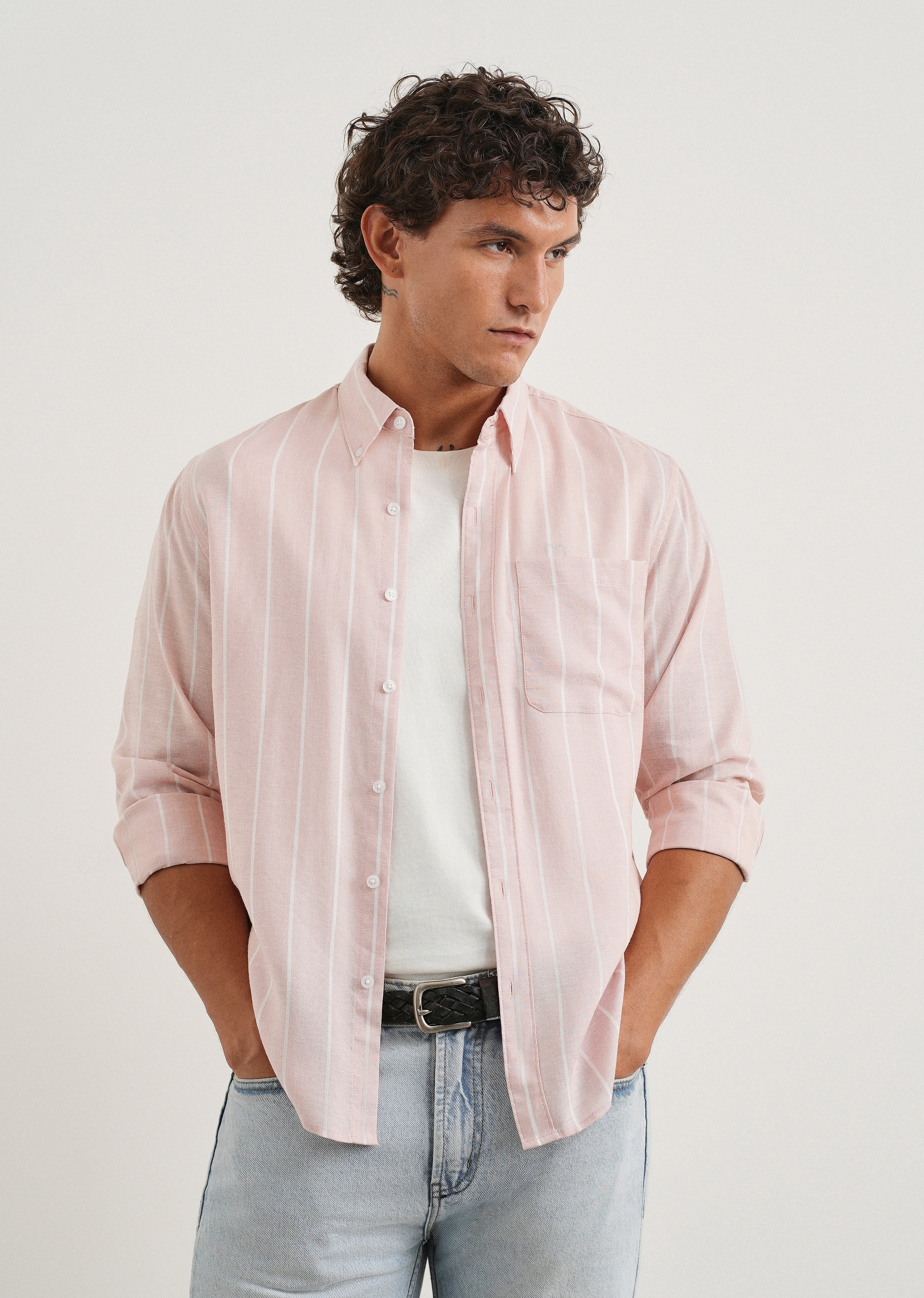 Pastel Pink Lyocell Linen Stripe Shirt