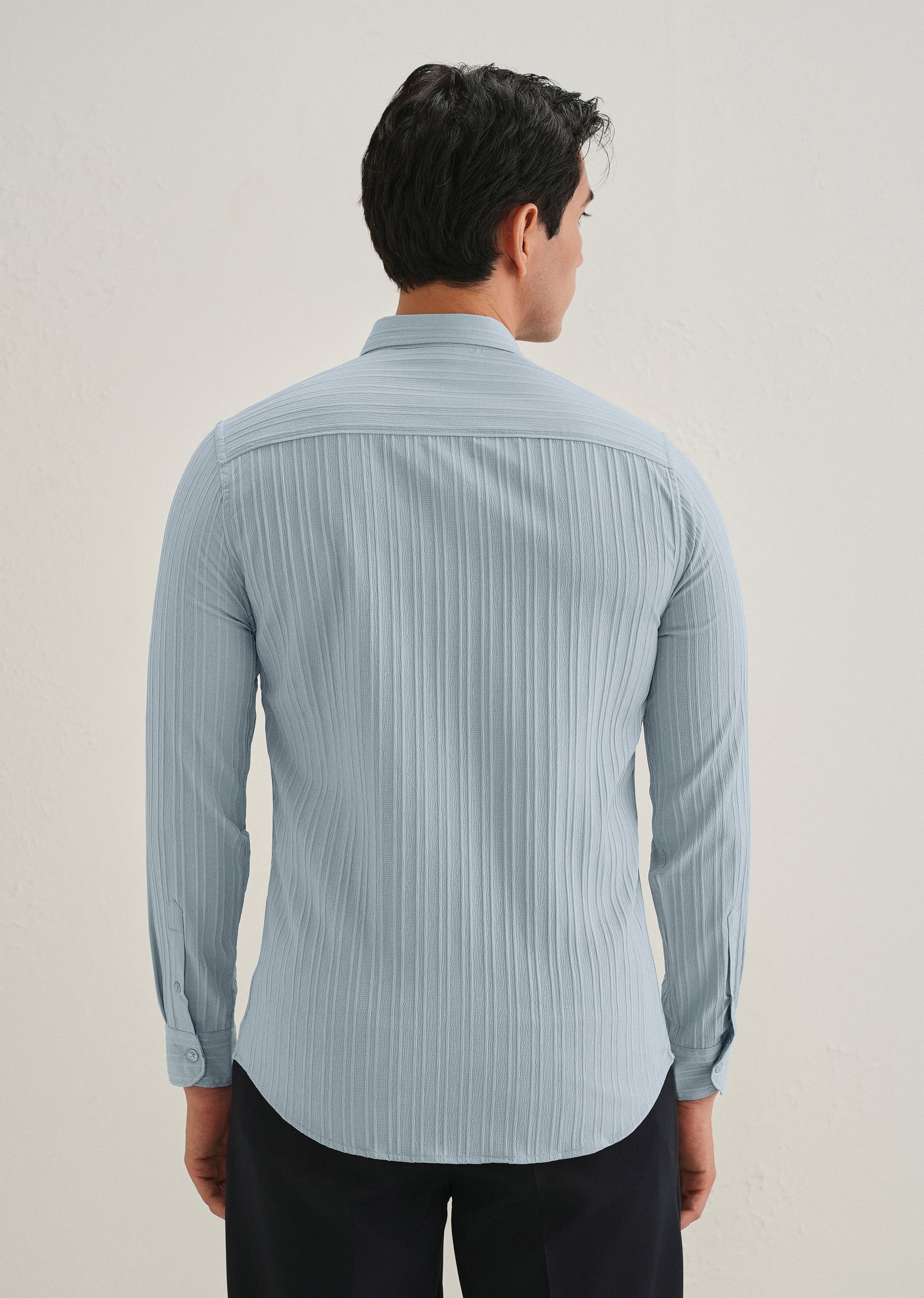 Pastel Blue Plain Self Striped Shirt