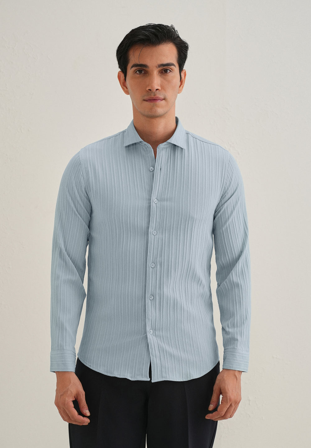 Pastel Blue Plain Self Striped Shirt