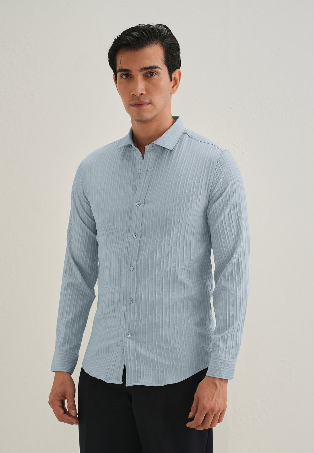 Pastel Blue Plain Self Striped Shirt