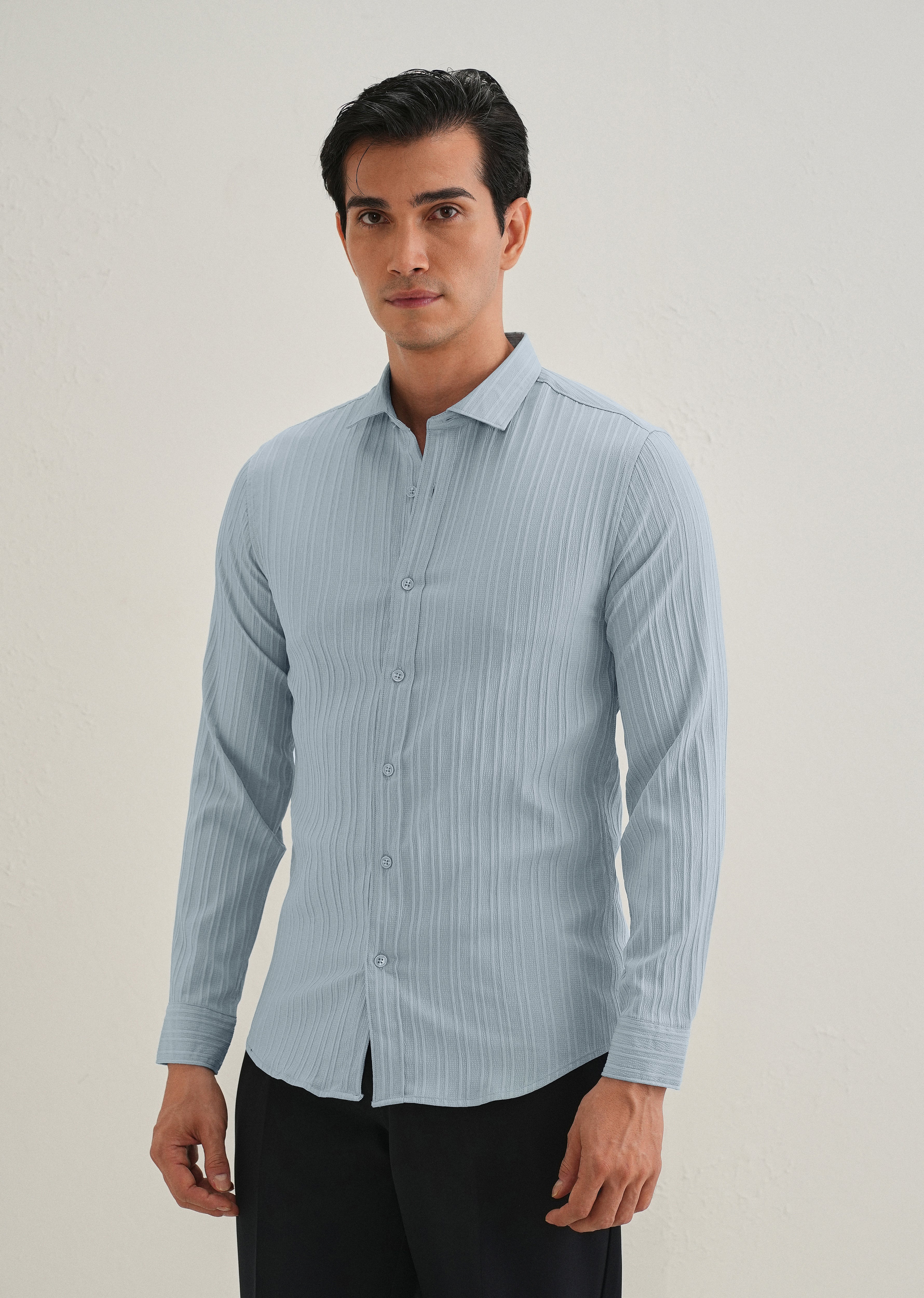 Pastel Blue Plain Self Striped Shirt
