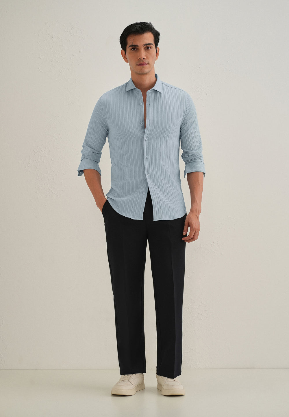 Pastel Blue Plain Self Striped Shirt