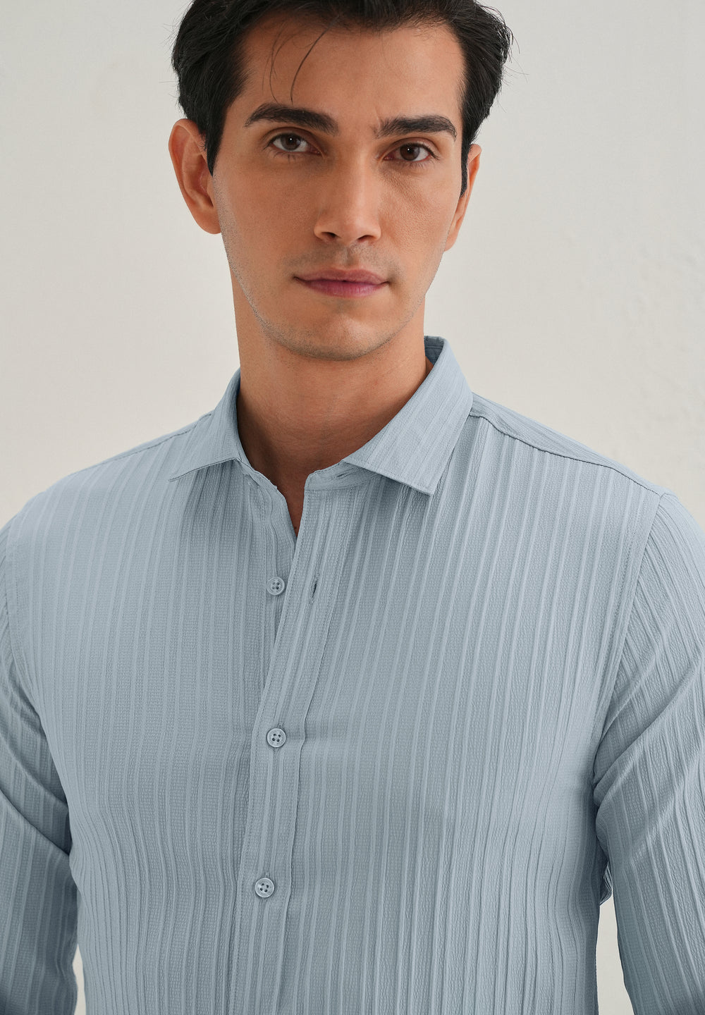 Pastel Blue Plain Self Striped Shirt