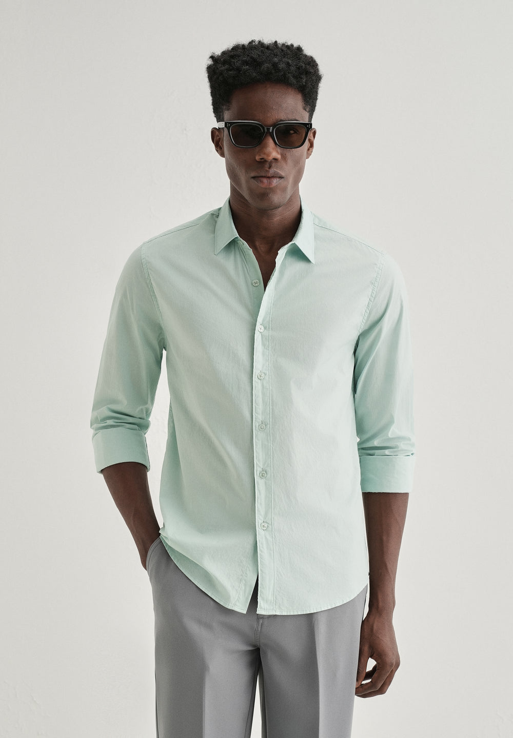 Pastel Mint Green Plain Cotton Shirt