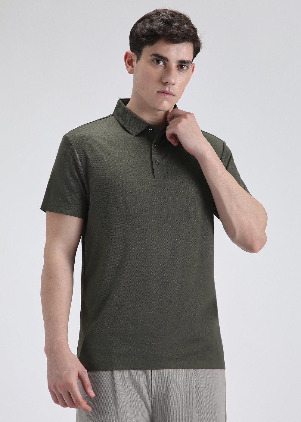 Patterned Olive Green Stitchless Polo T-shirt