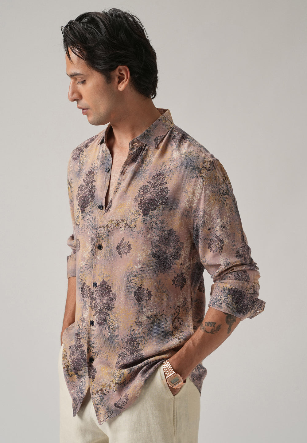 Peach Floral Print Feather Shirt