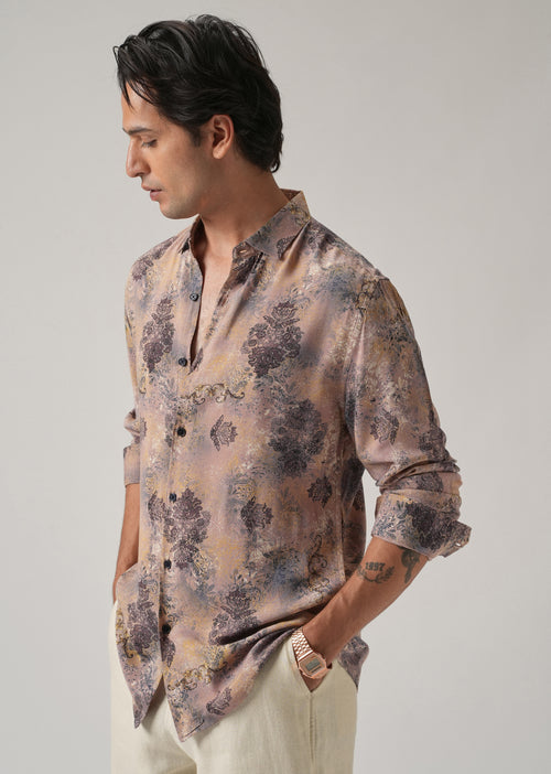 Peach Floral Print Feather Shirt