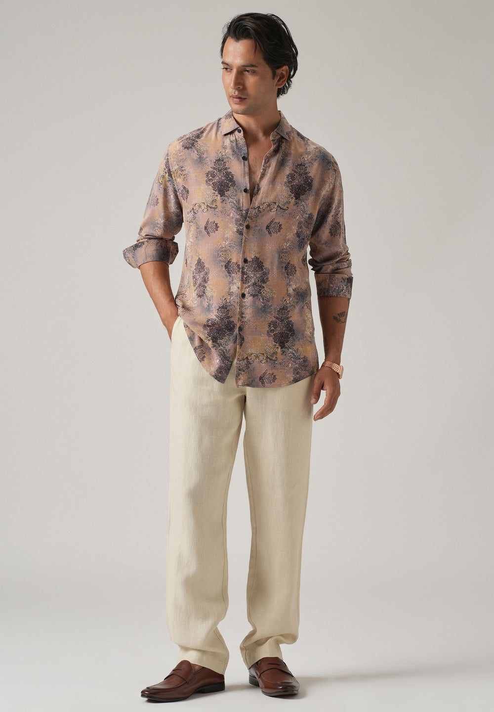 Peach Floral Print Feather Shirt