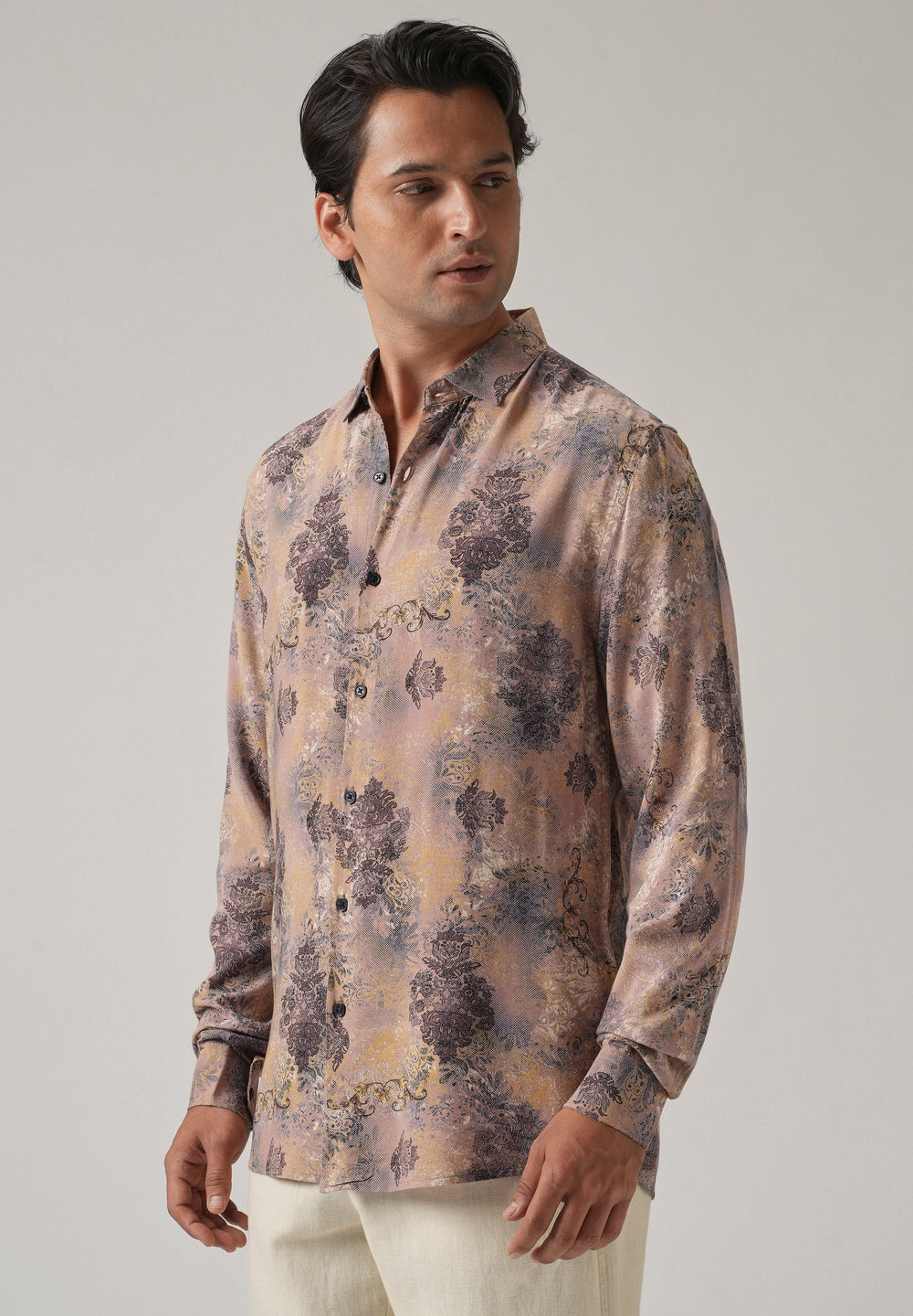 Peach Floral Print Feather Shirt