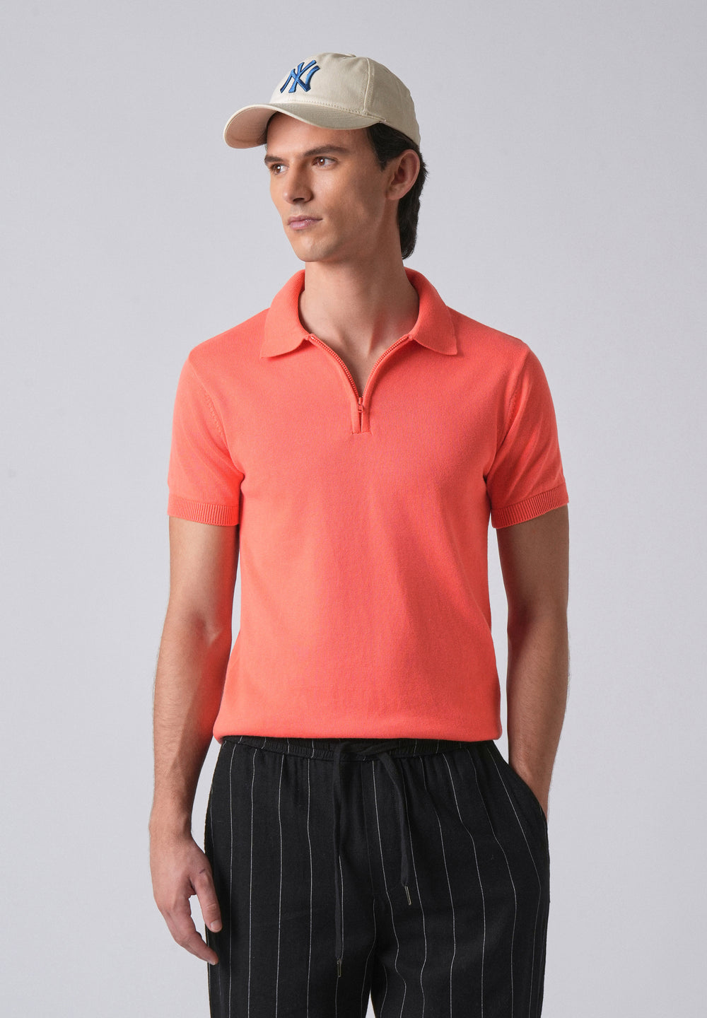 Peach Knitted Polo Zipper T-shirt
