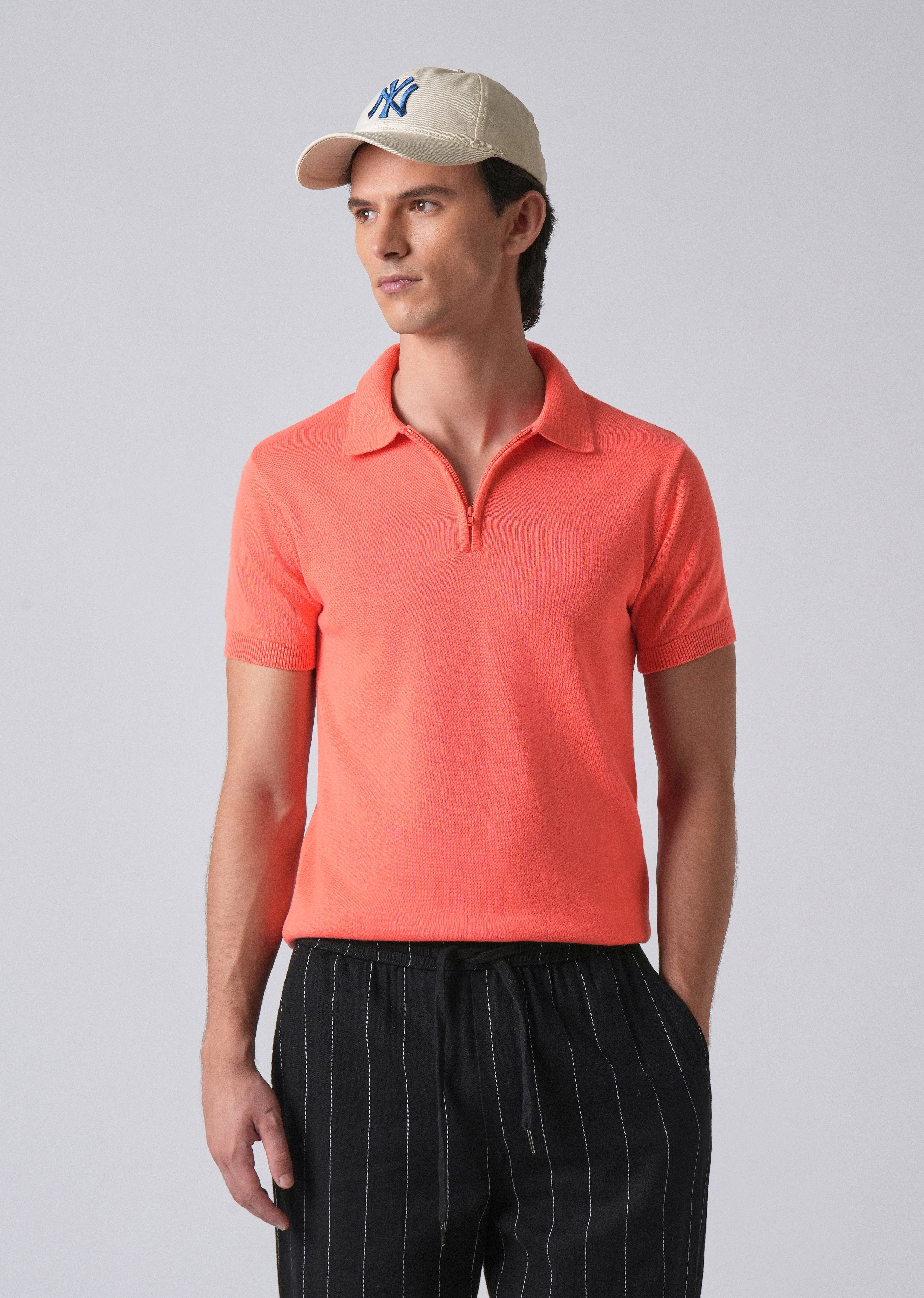 Peach Knitted Polo Zipper T-shirt