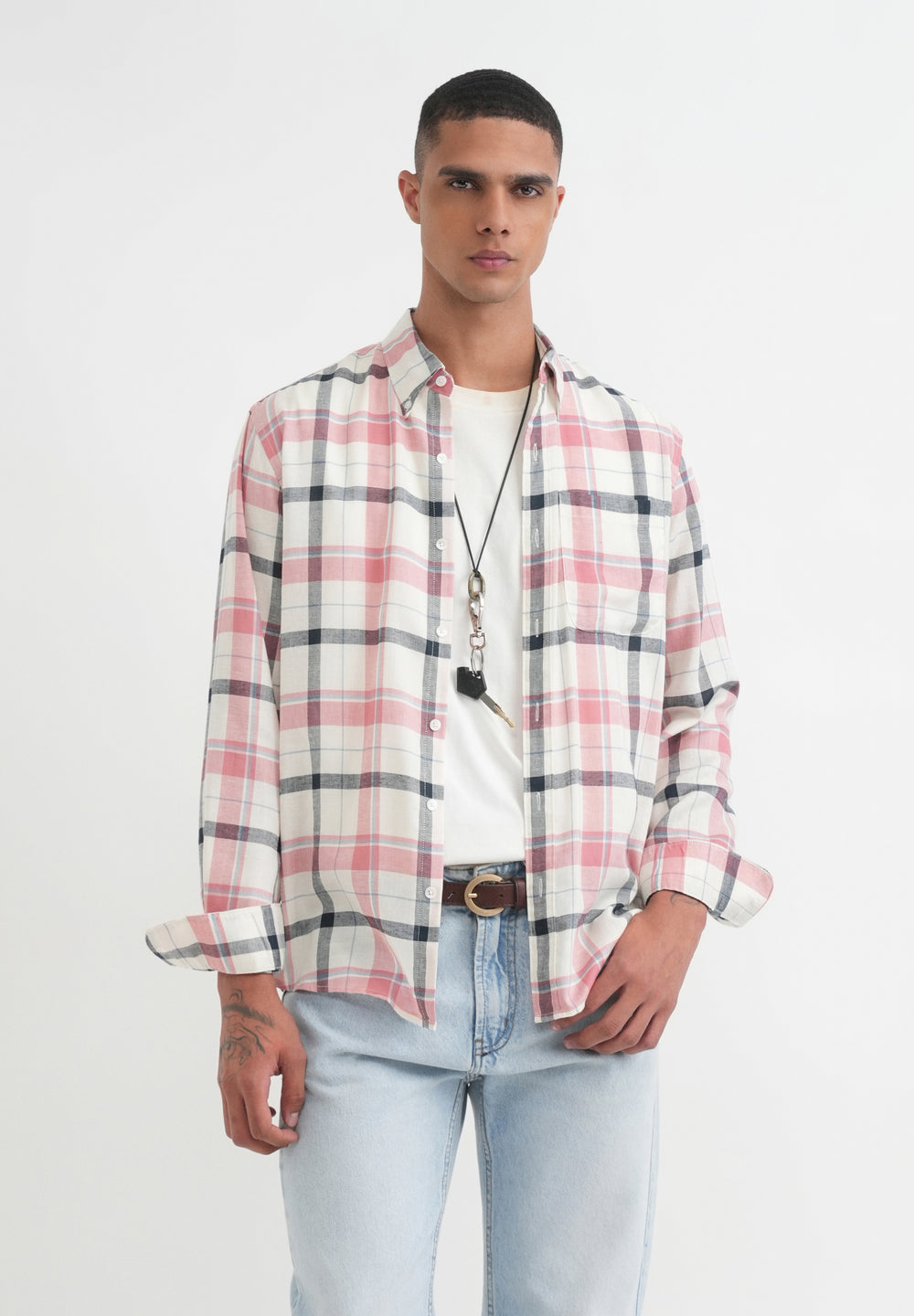 Peach Lyocell Linen Check Shirt