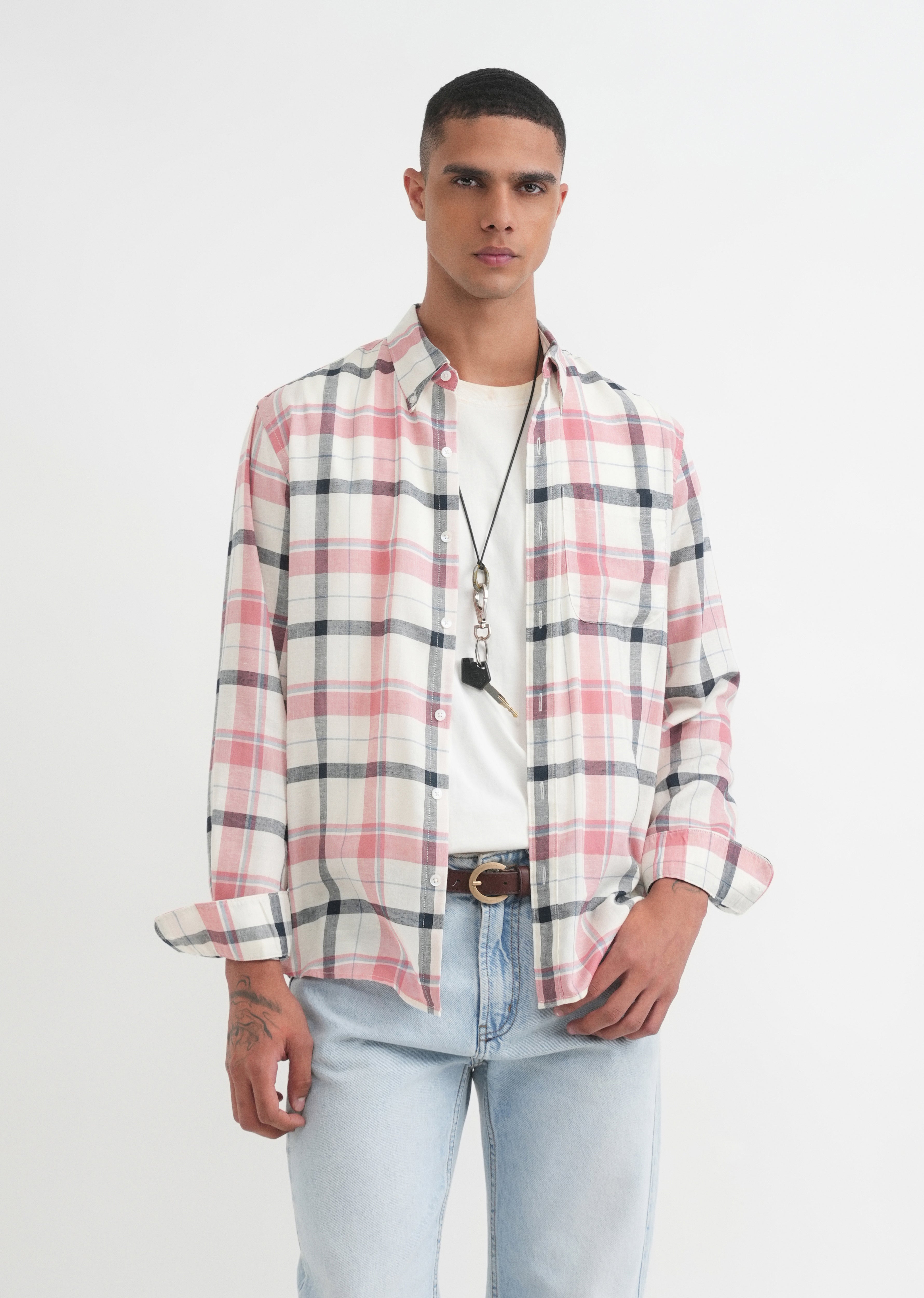 Peach Lyocell Linen Check Shirt