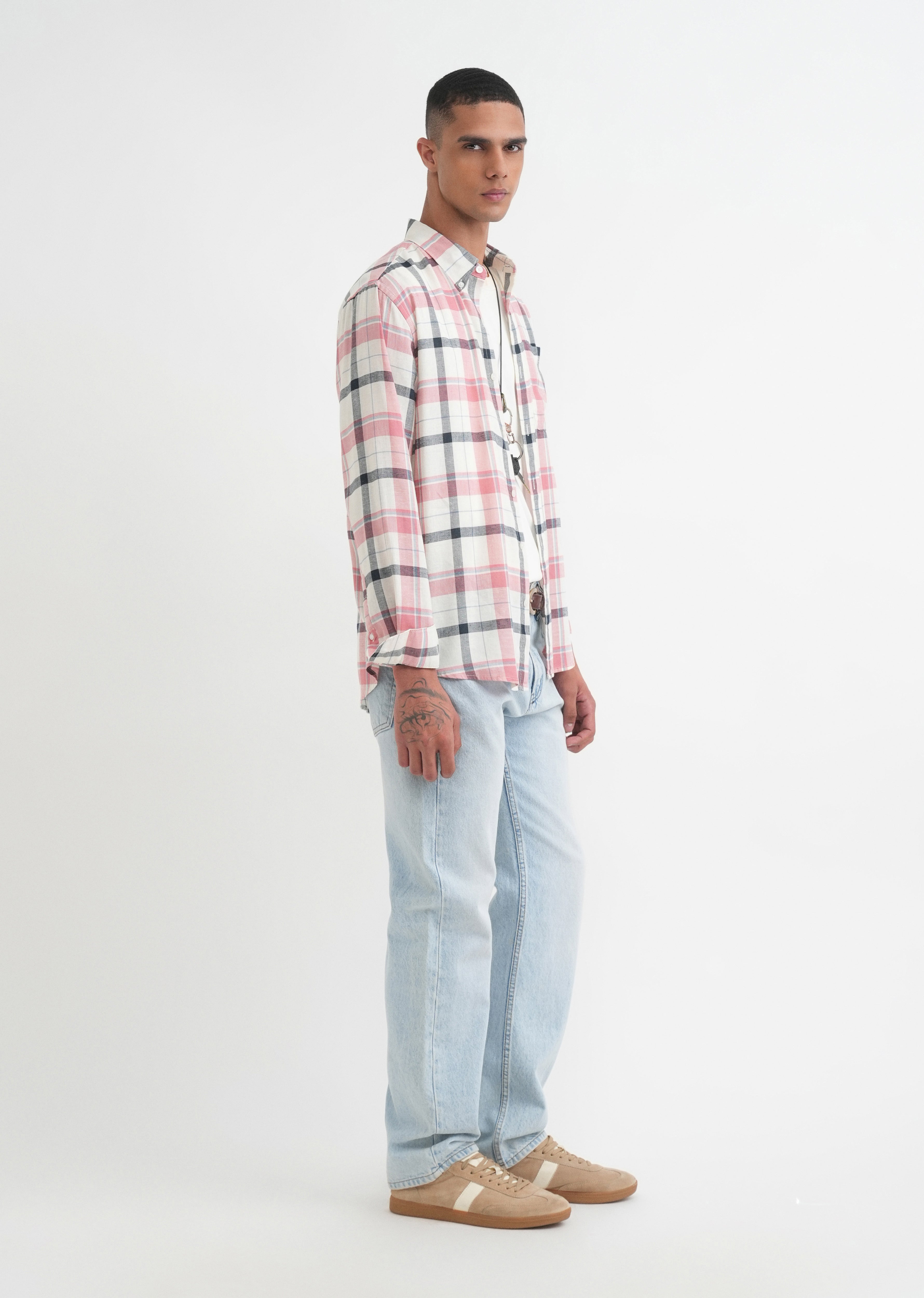 Peach Lyocell Linen Check Shirt
