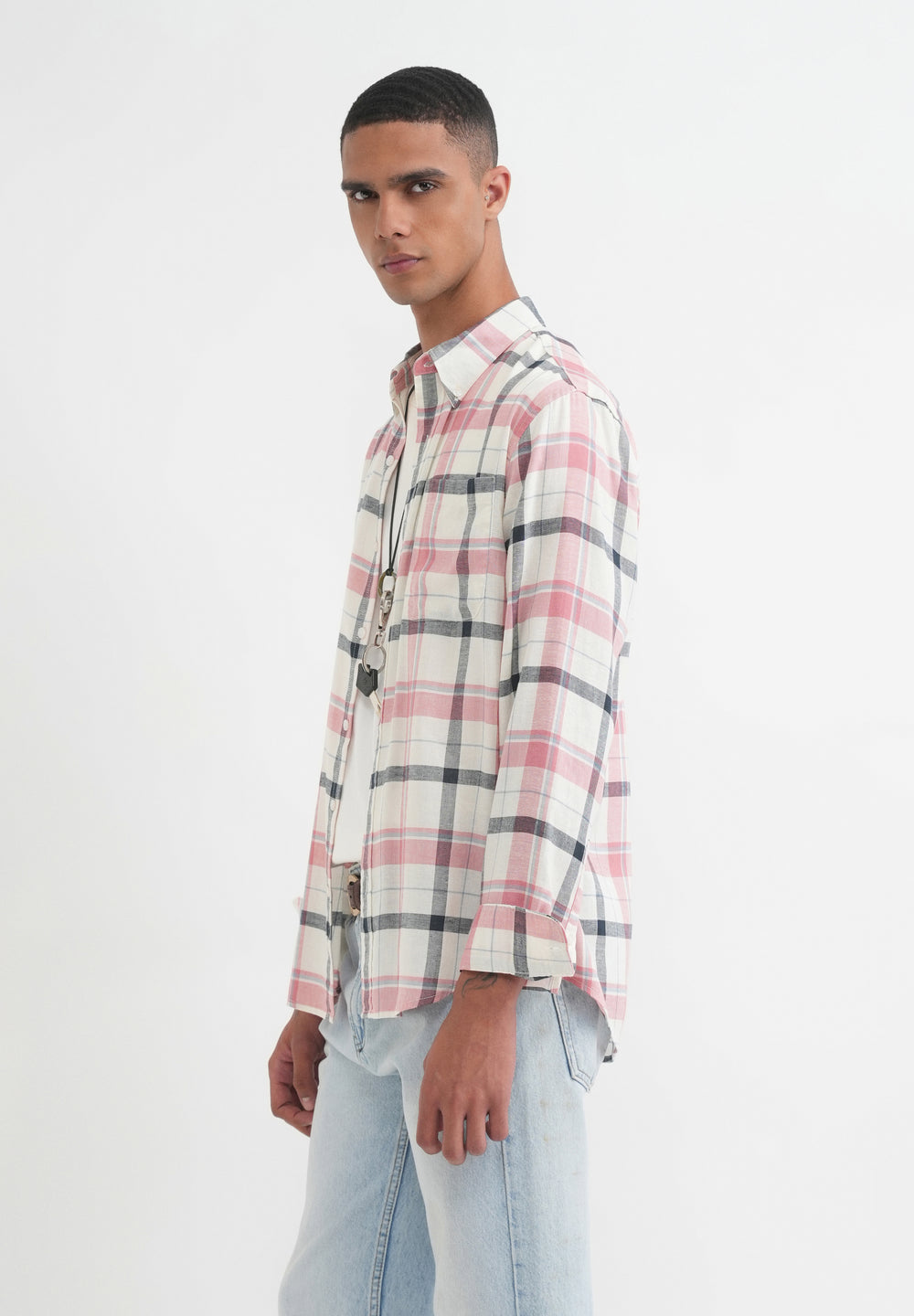 Peach Lyocell Linen Check Shirt