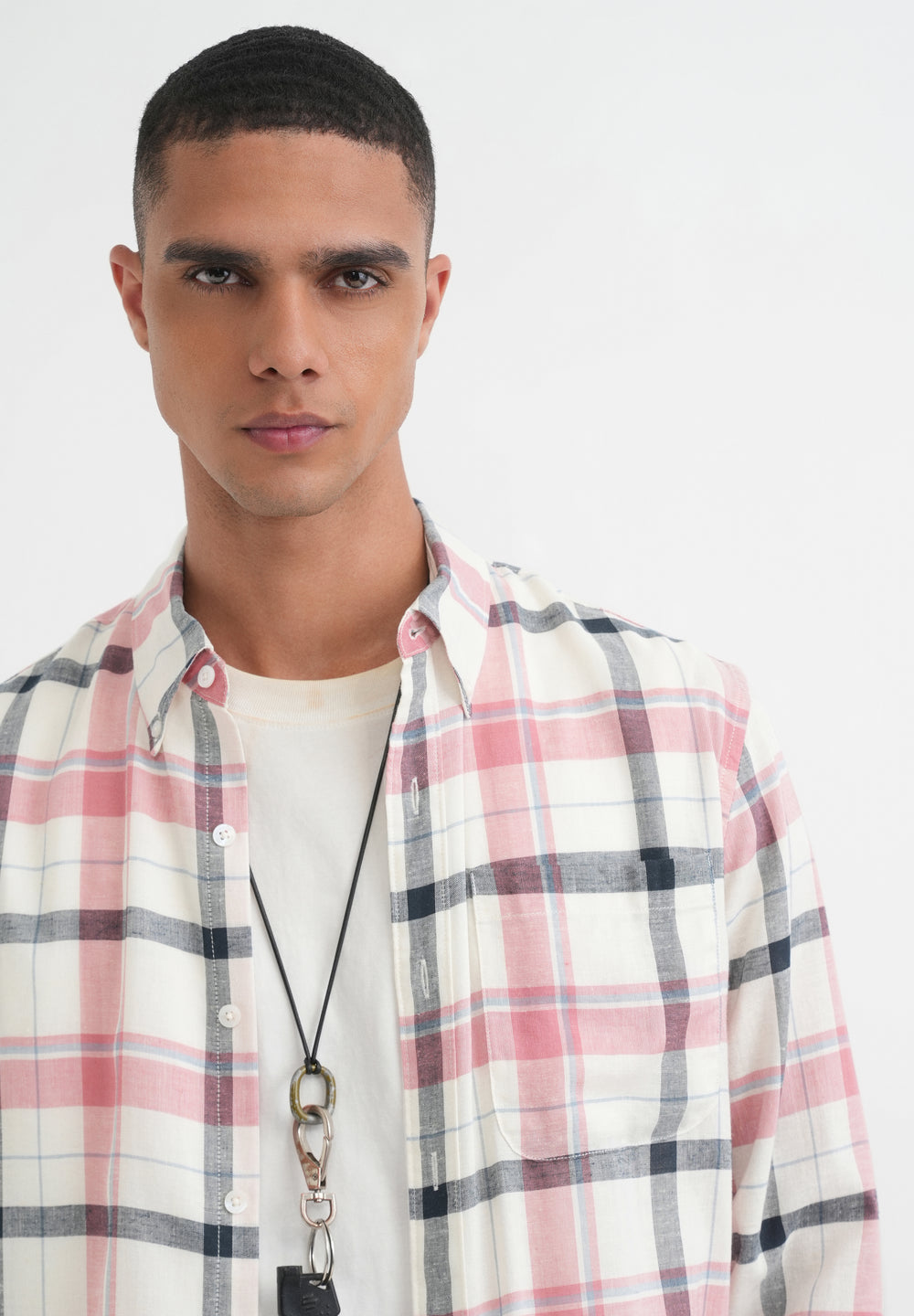 Peach Lyocell Linen Check Shirt
