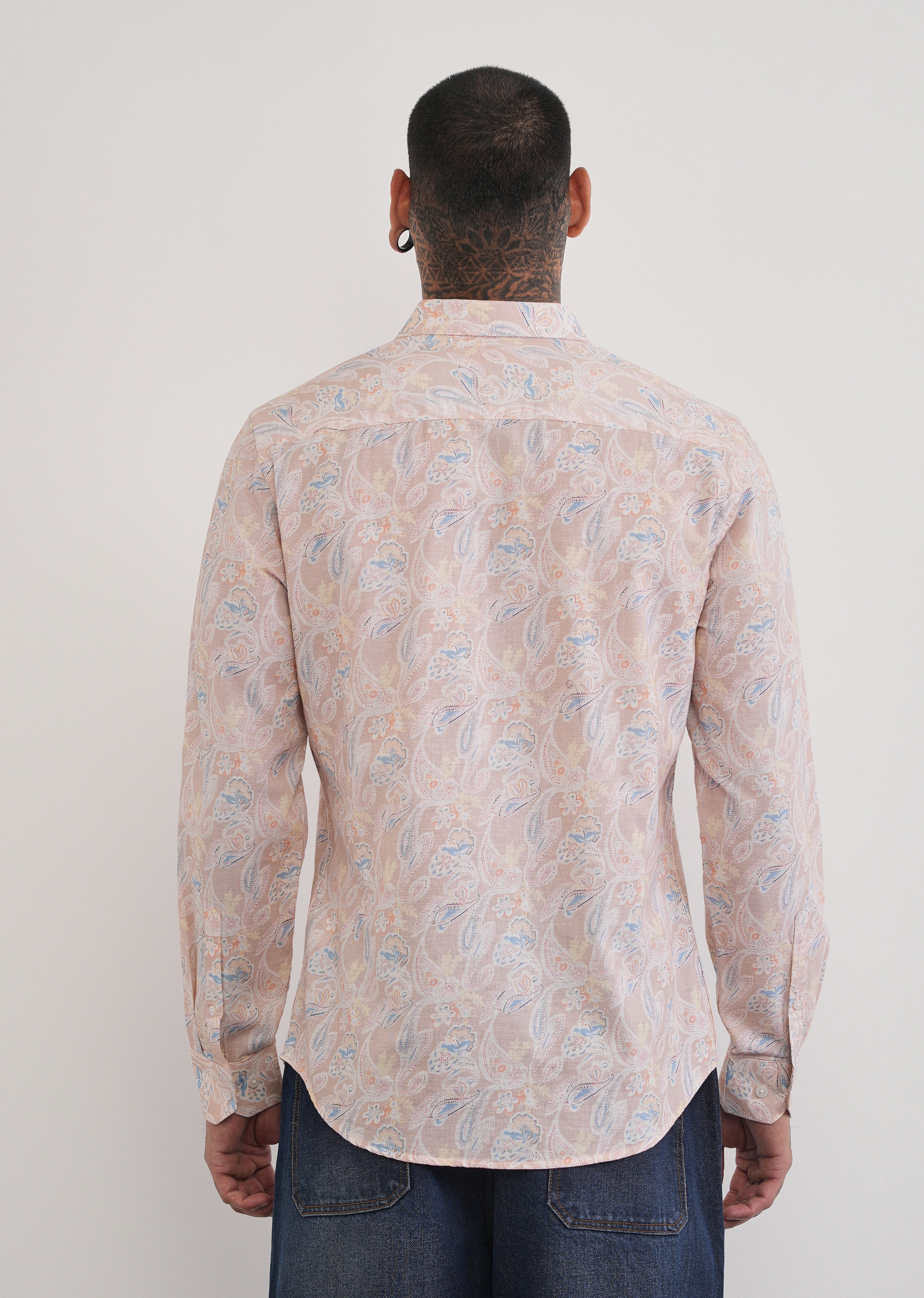 Peach Paisley Print Cotton Linen Shirt