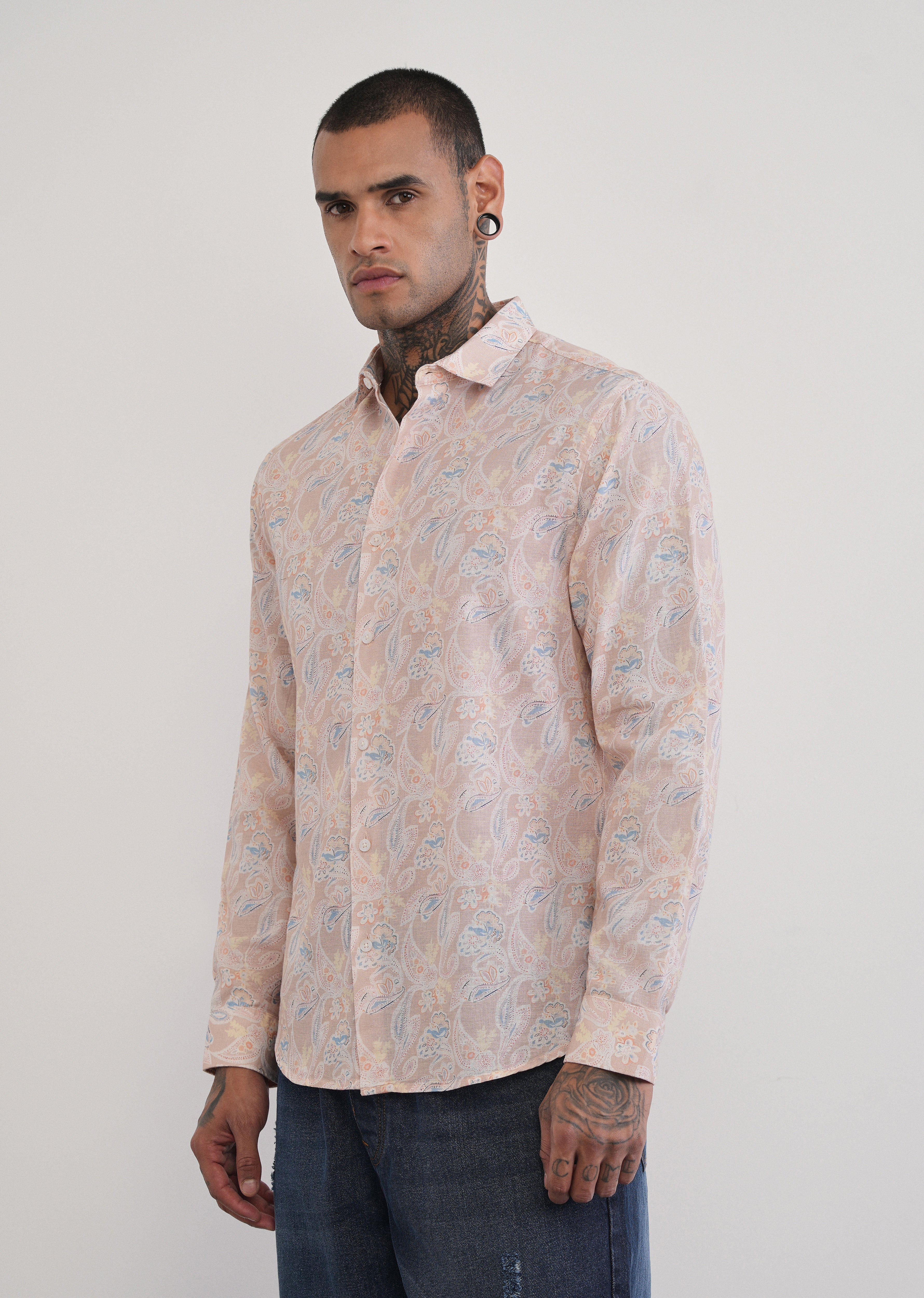 Peach Paisley Print Cotton Linen Shirt