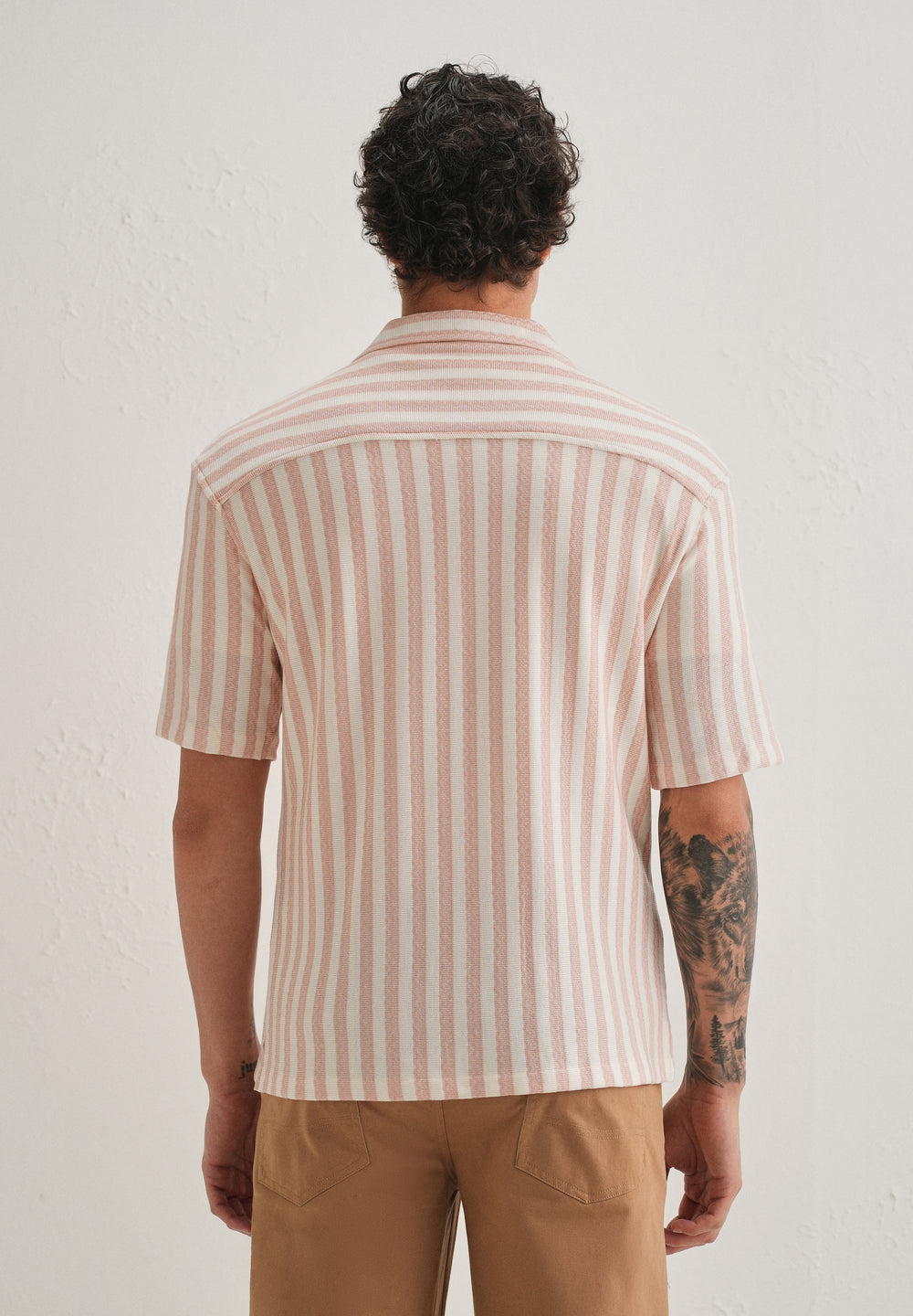 Peach Striped Knit Cuban Collar Shirt