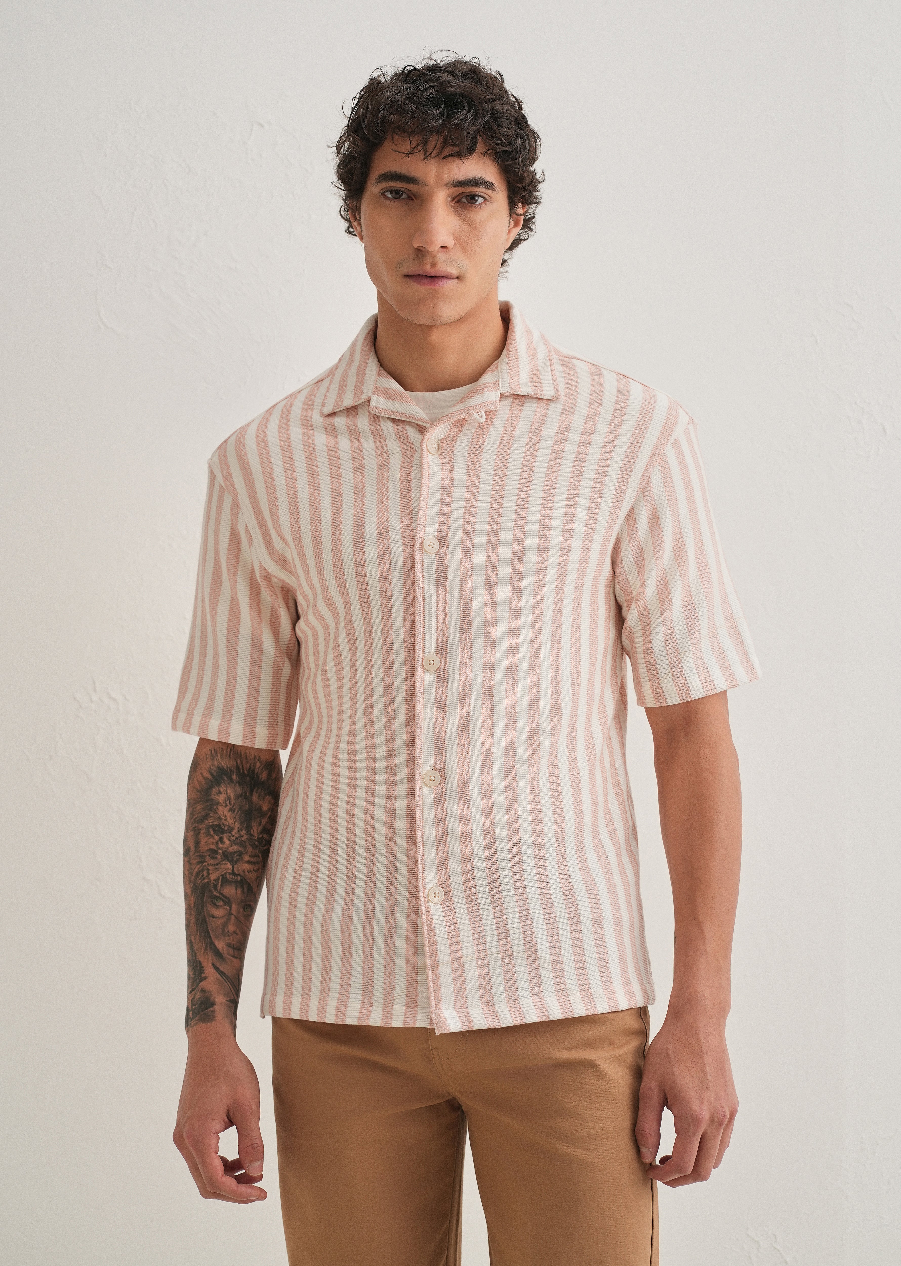 Peach Striped Knit Cuban Collar Shirt