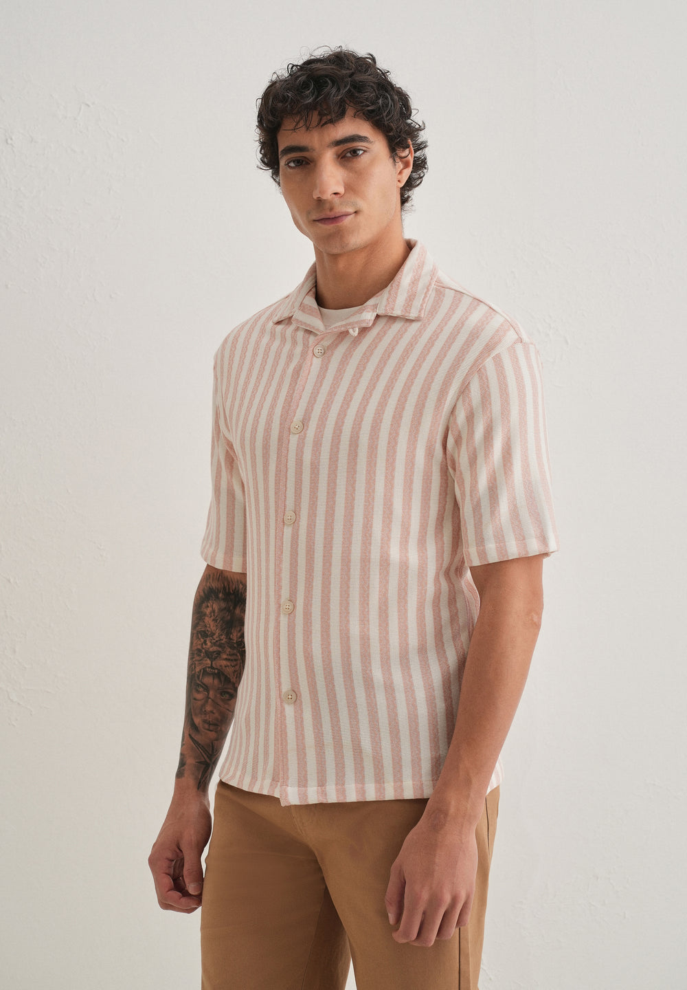 Peach Striped Knit Cuban Collar Shirt