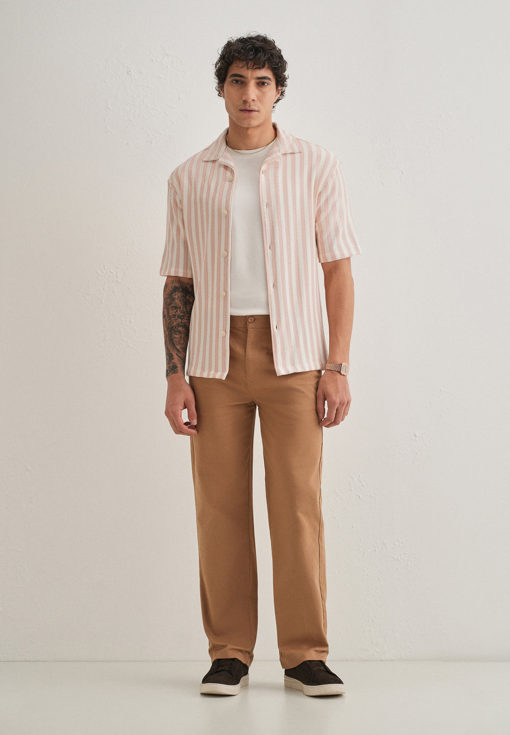 Peach Striped Knit Cuban Collar Shirt