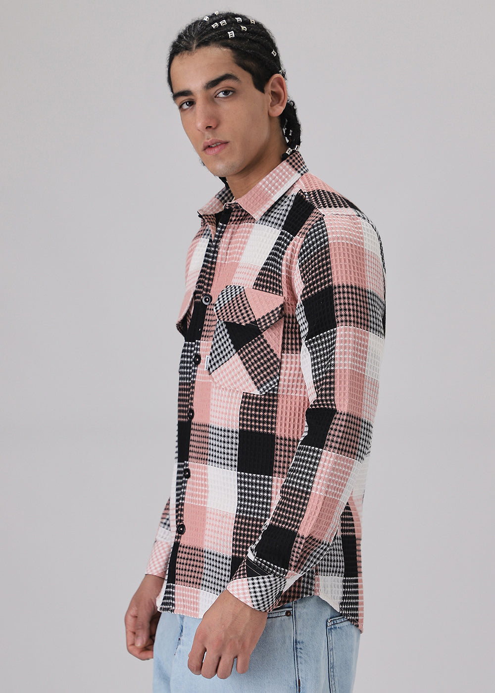 Peach Waffle Plaid Check Shirt