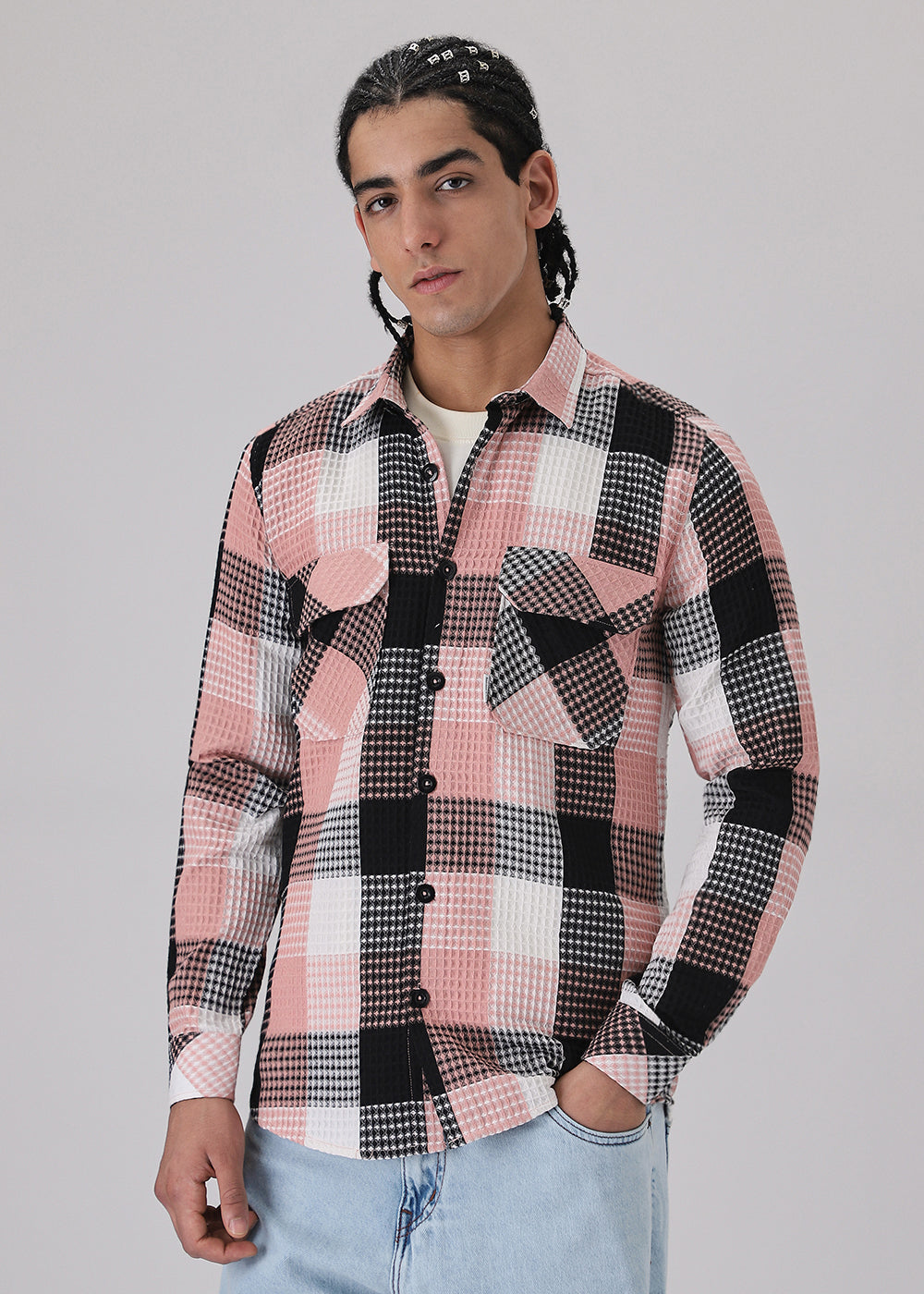 Peach Waffle Plaid Check Shirt