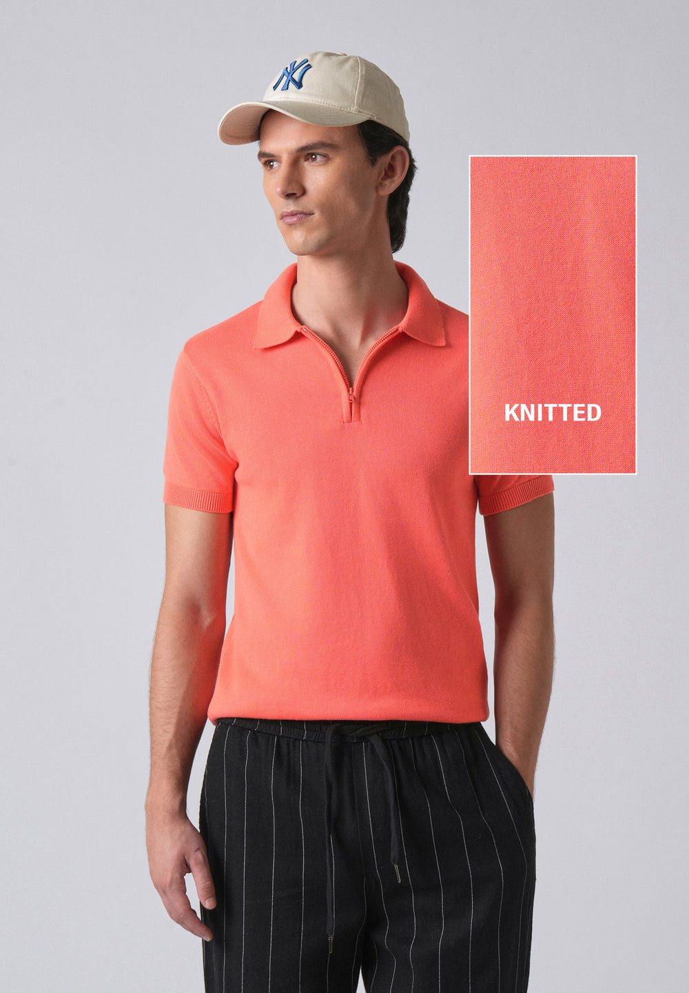 Peach Knitted Polo Zipper T-shirt