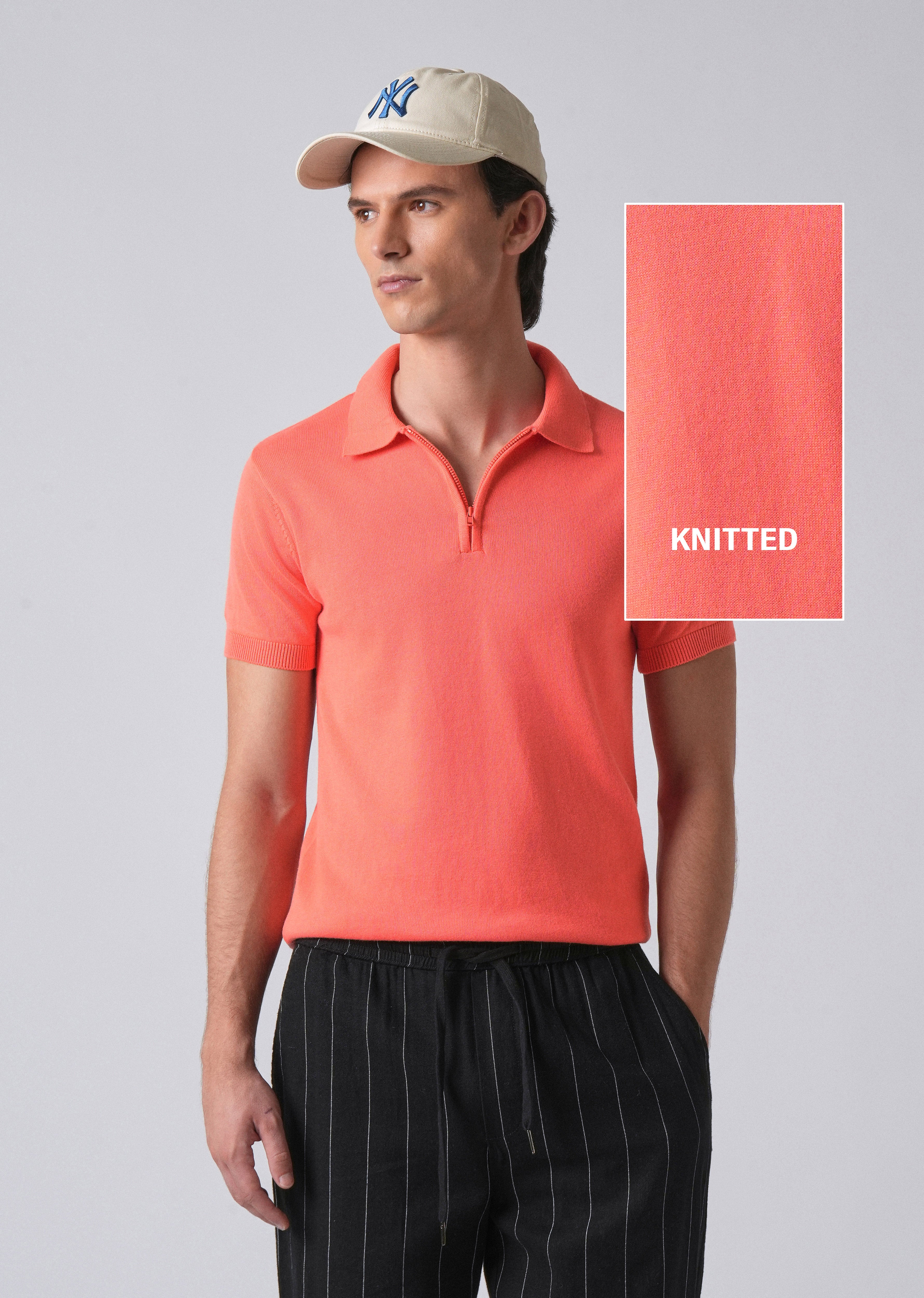 Peach Knitted Polo Zipper T-shirt