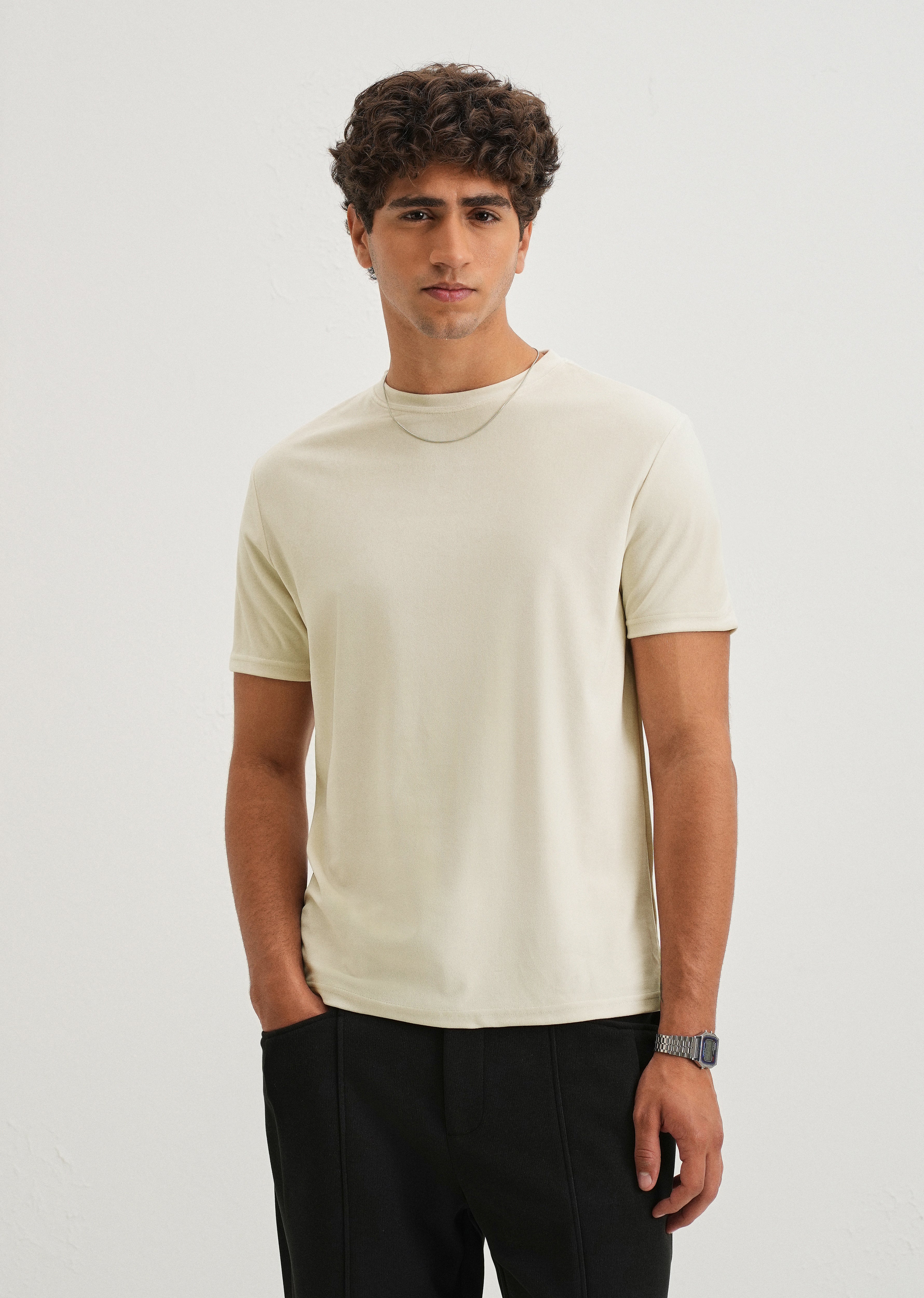 Pearled Ivory Plain Suede T-shirt