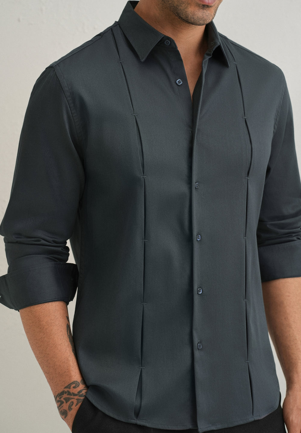 Pebble Grey Front Panel Open Pleat Shirt