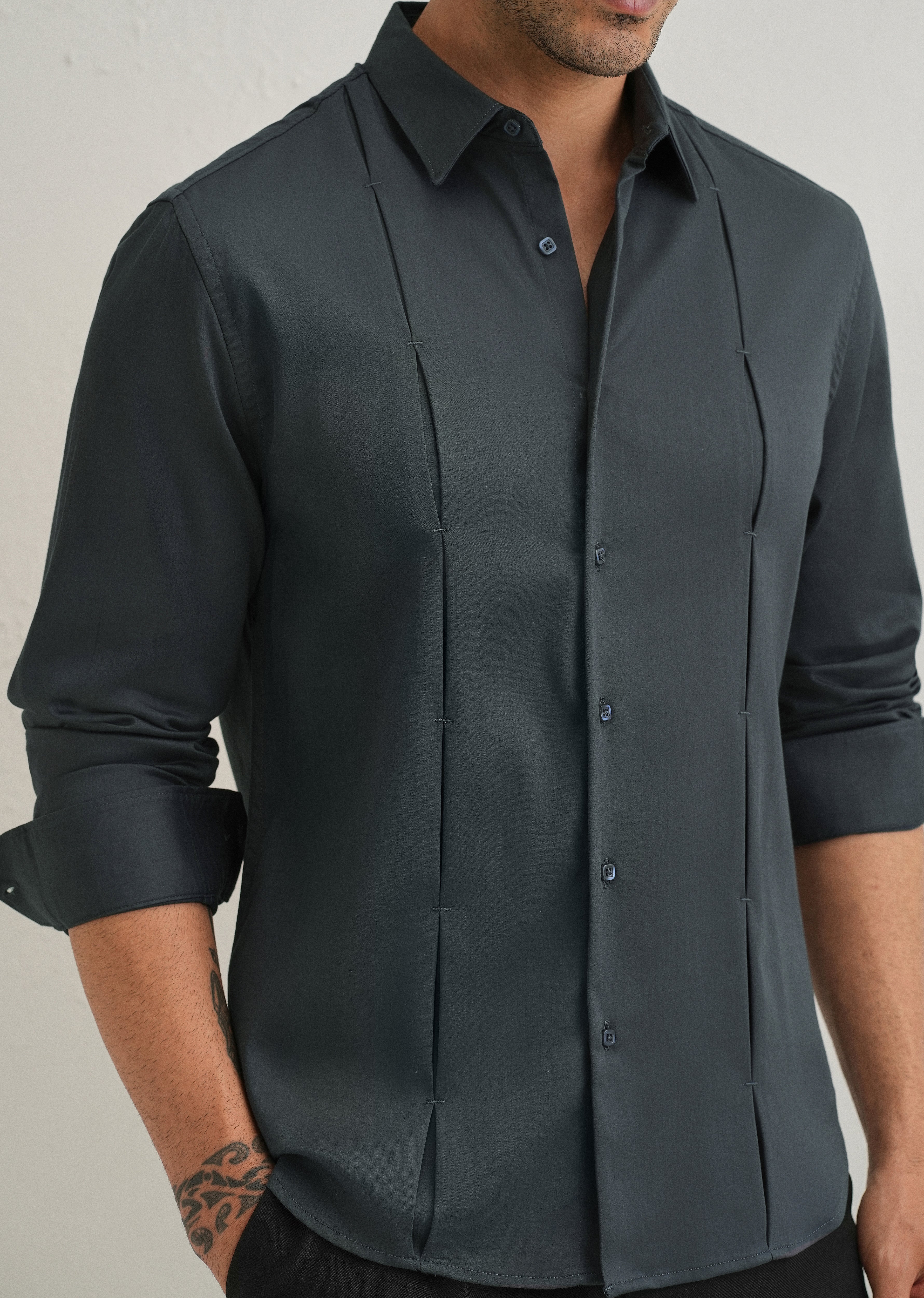 Pebble Grey Front Panel Open Pleat Shirt