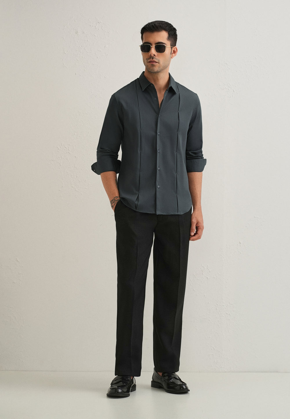 Pebble Grey Front Panel Open Pleat Shirt