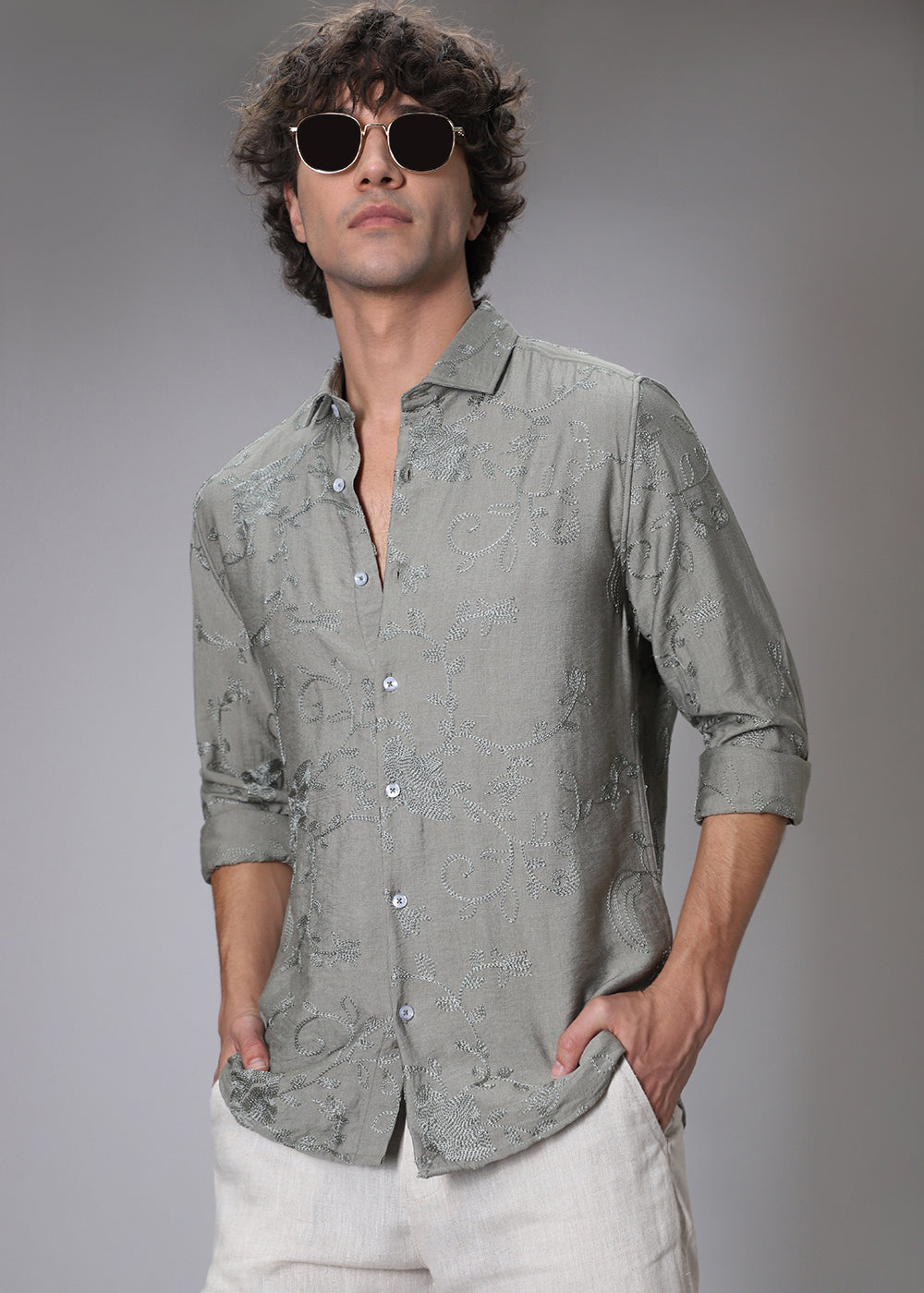 Pewter Green Floral Embroidery Shirt