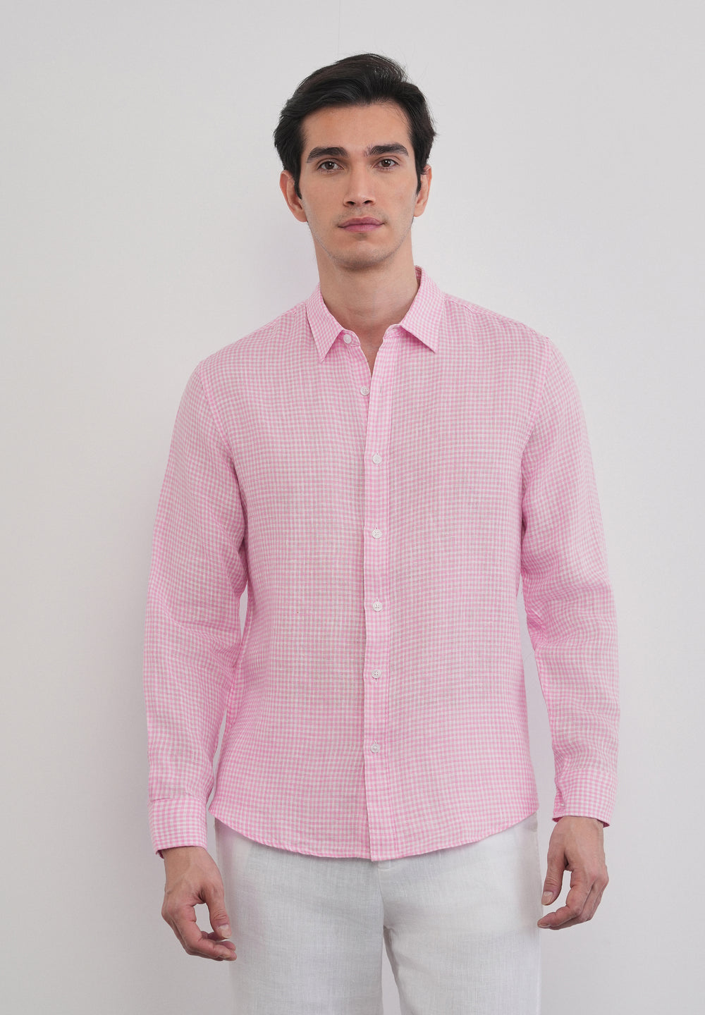 Pink 100% Pure Linen Gingham Check Shirt