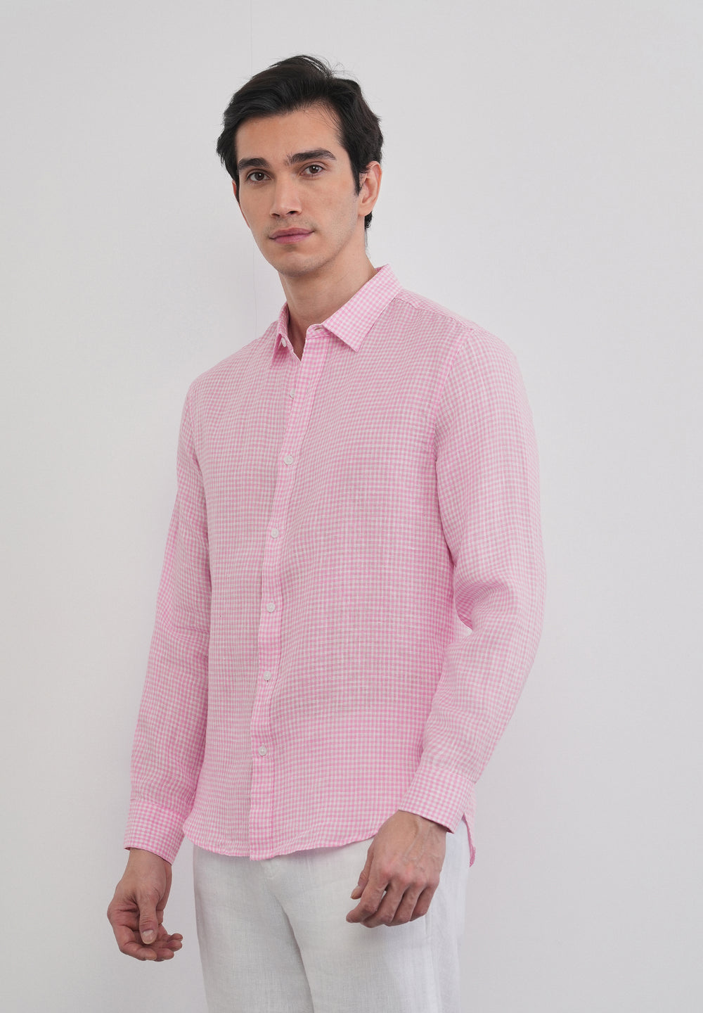 Pink 100% Pure Linen Gingham Check Shirt