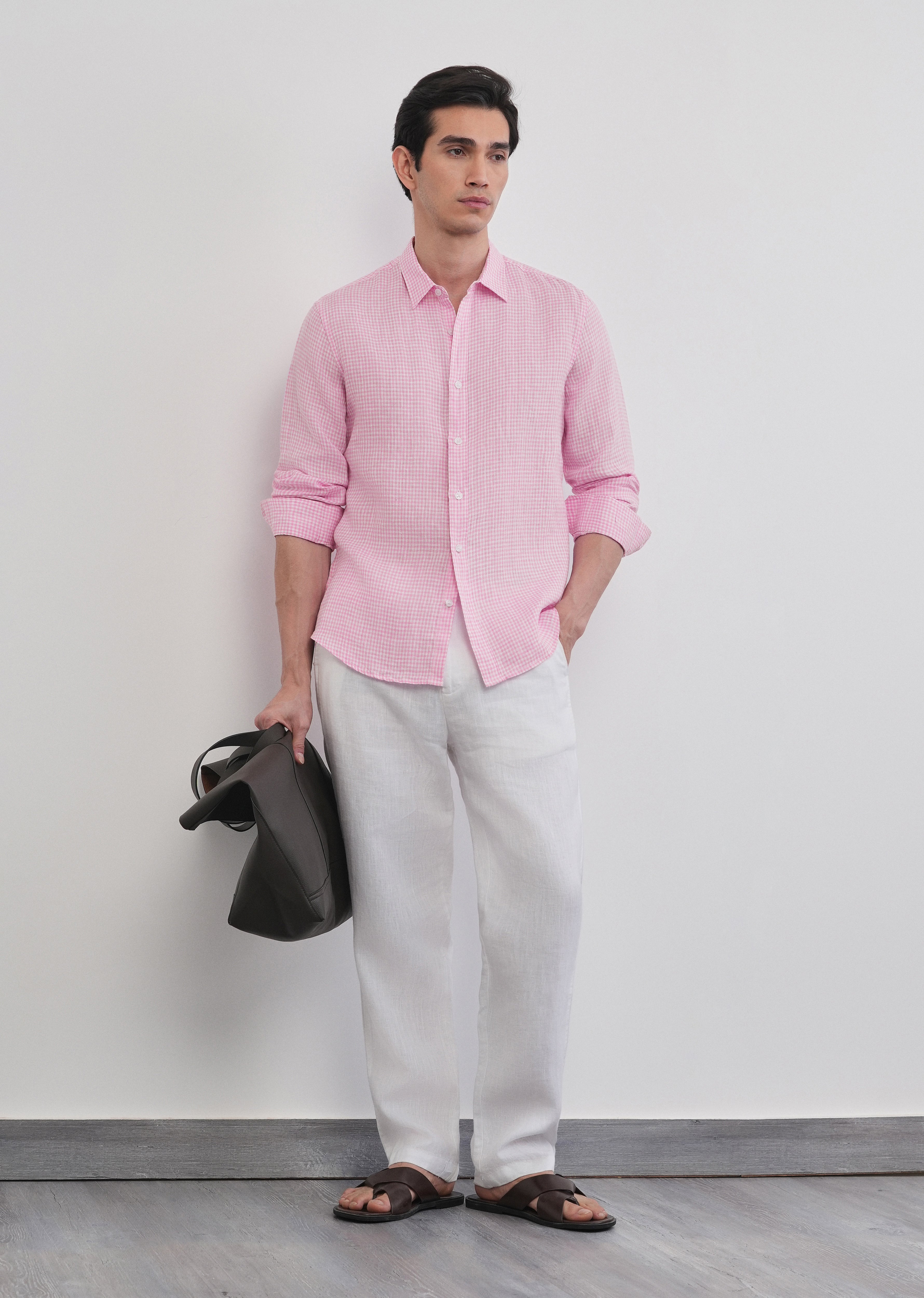 Pink 100% Pure Linen Gingham Check Shirt