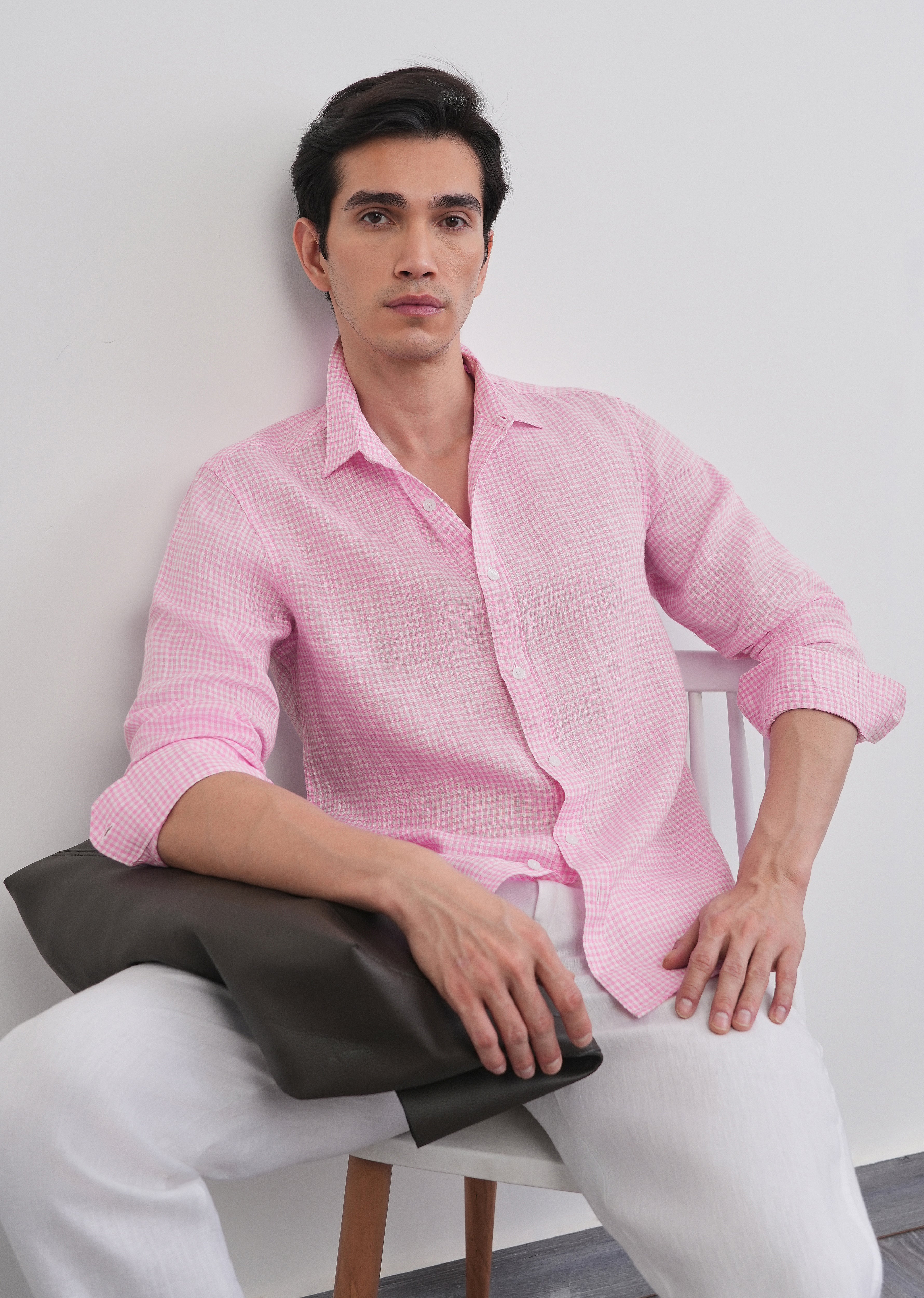 Pink 100% Pure Linen Gingham Check Shirt