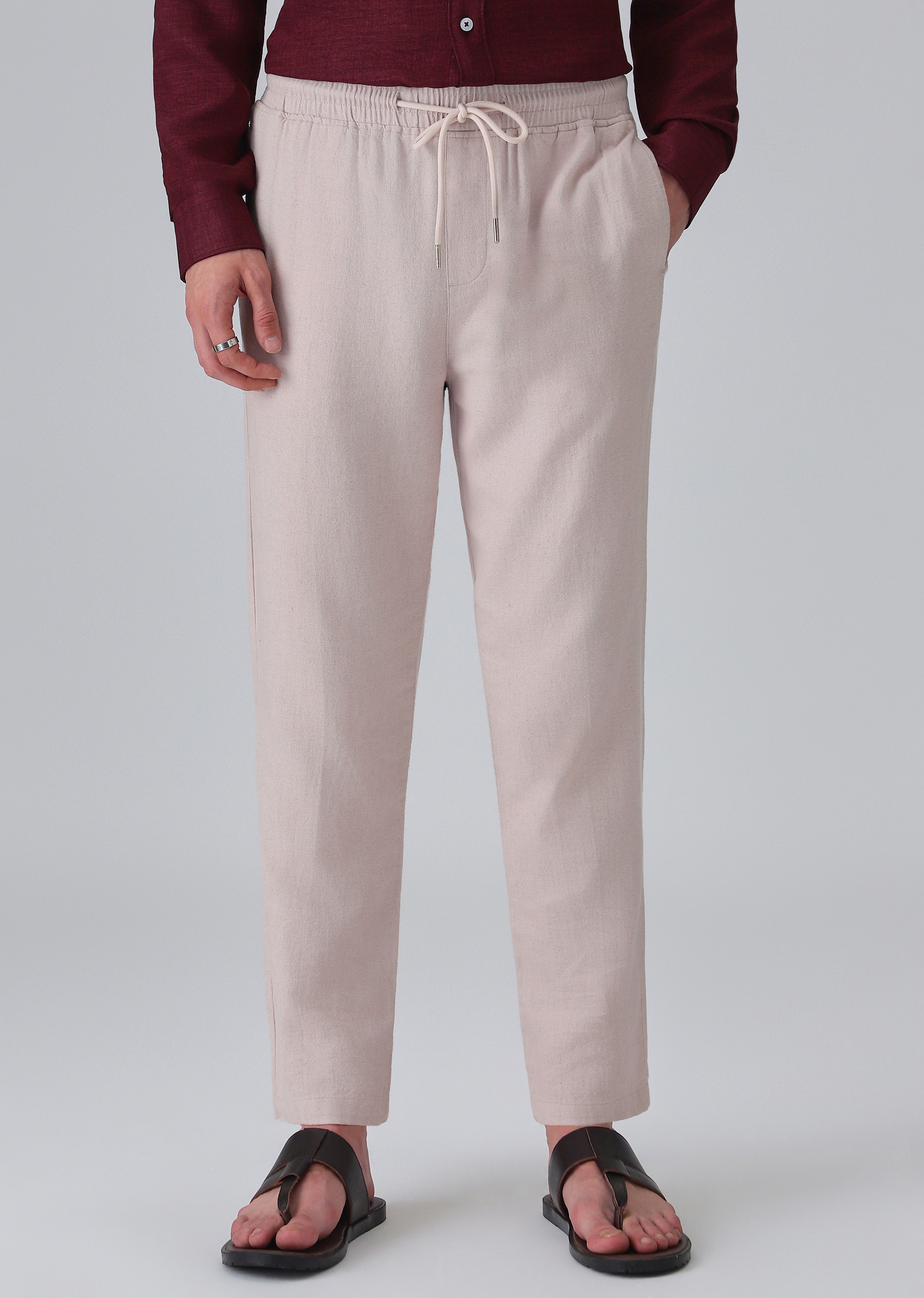 Pink Beige Drawstring Linen Pant