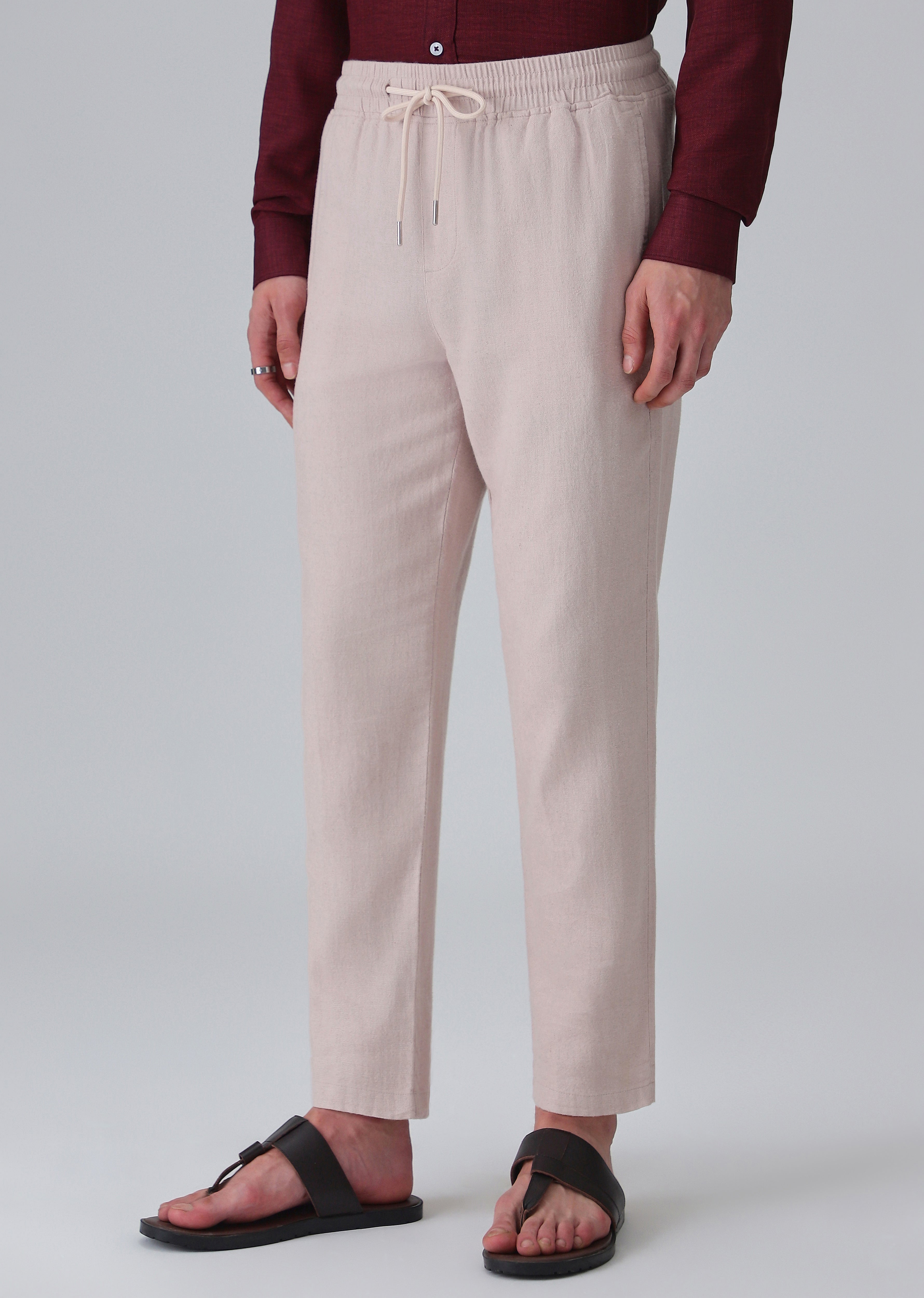 Pink Beige Drawstring Linen Pant