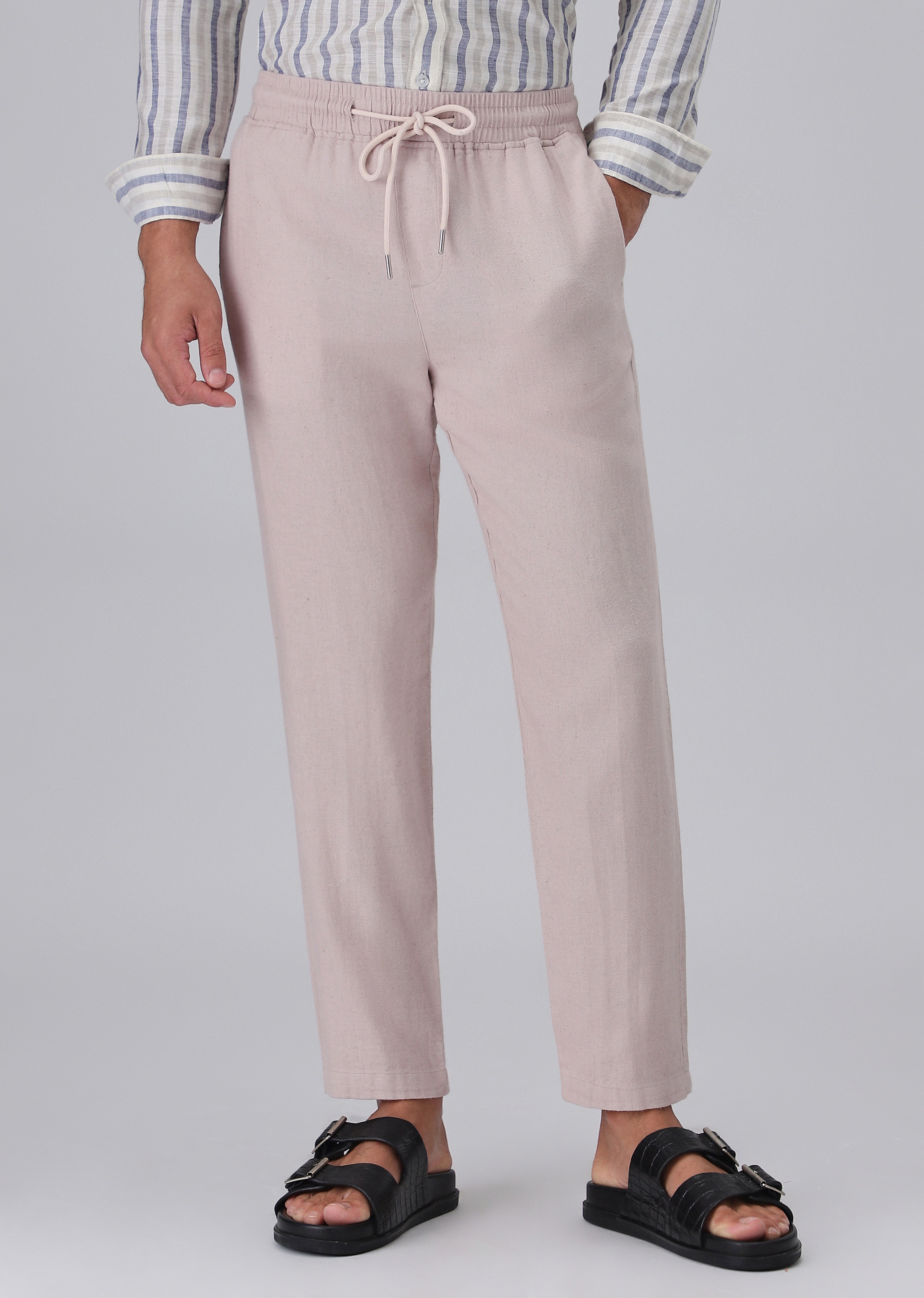 Pink Beige Drawstring Linen Pant