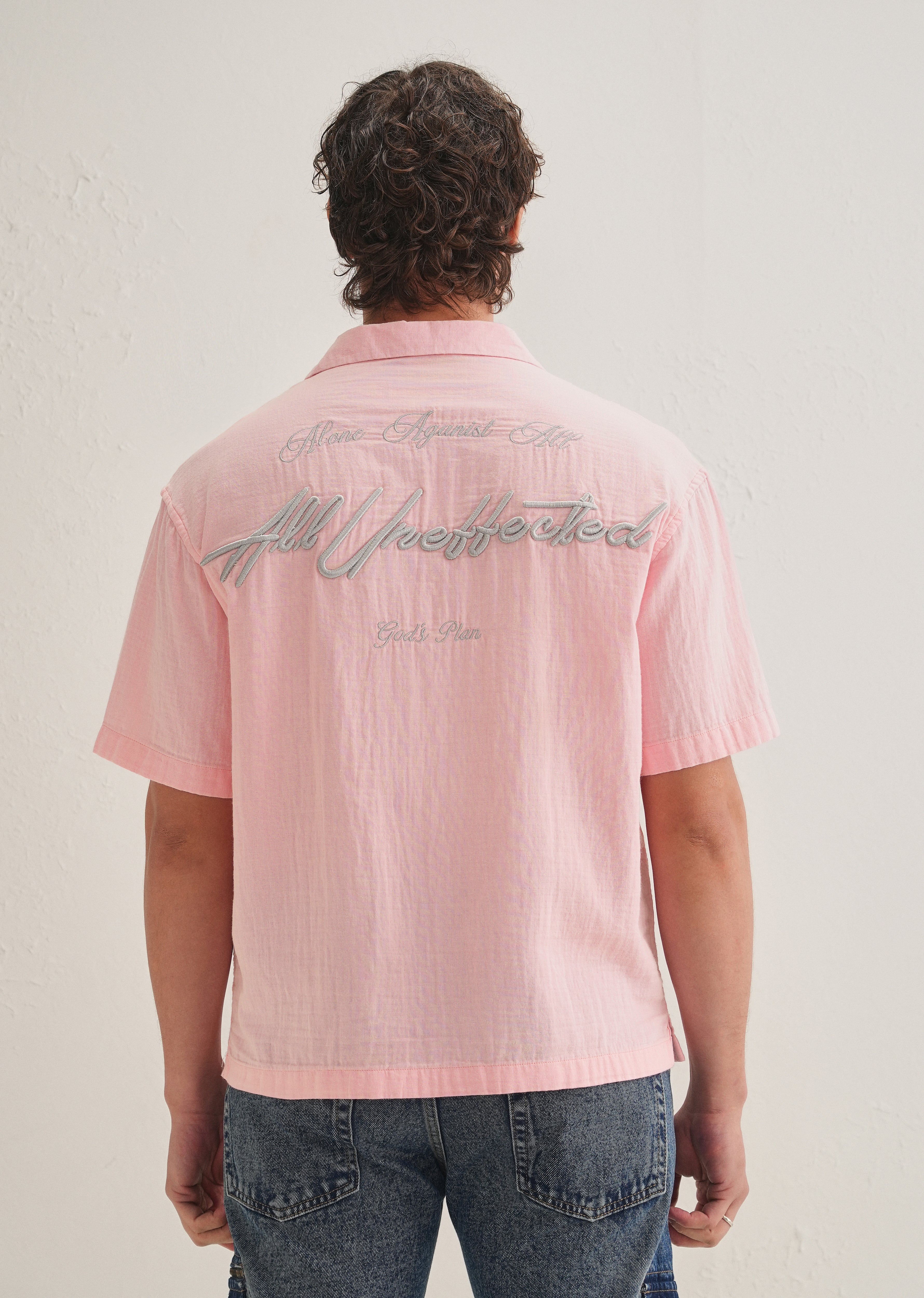 Pink Embroidered Double Cloth Cotton Shirt