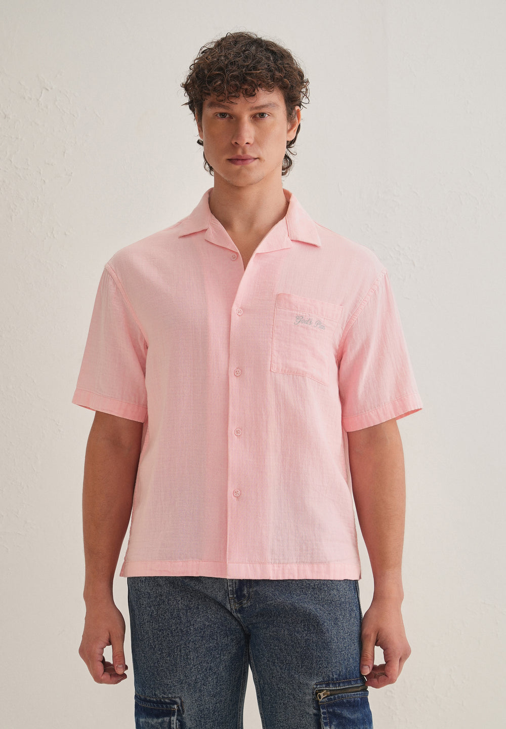 Pink Embroidered Double Cloth Cotton Shirt