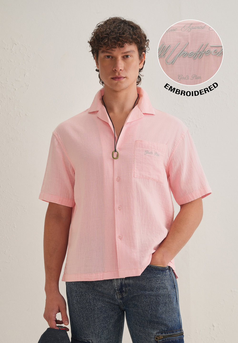 Pink Embroidered Double Cloth Cotton Shirt