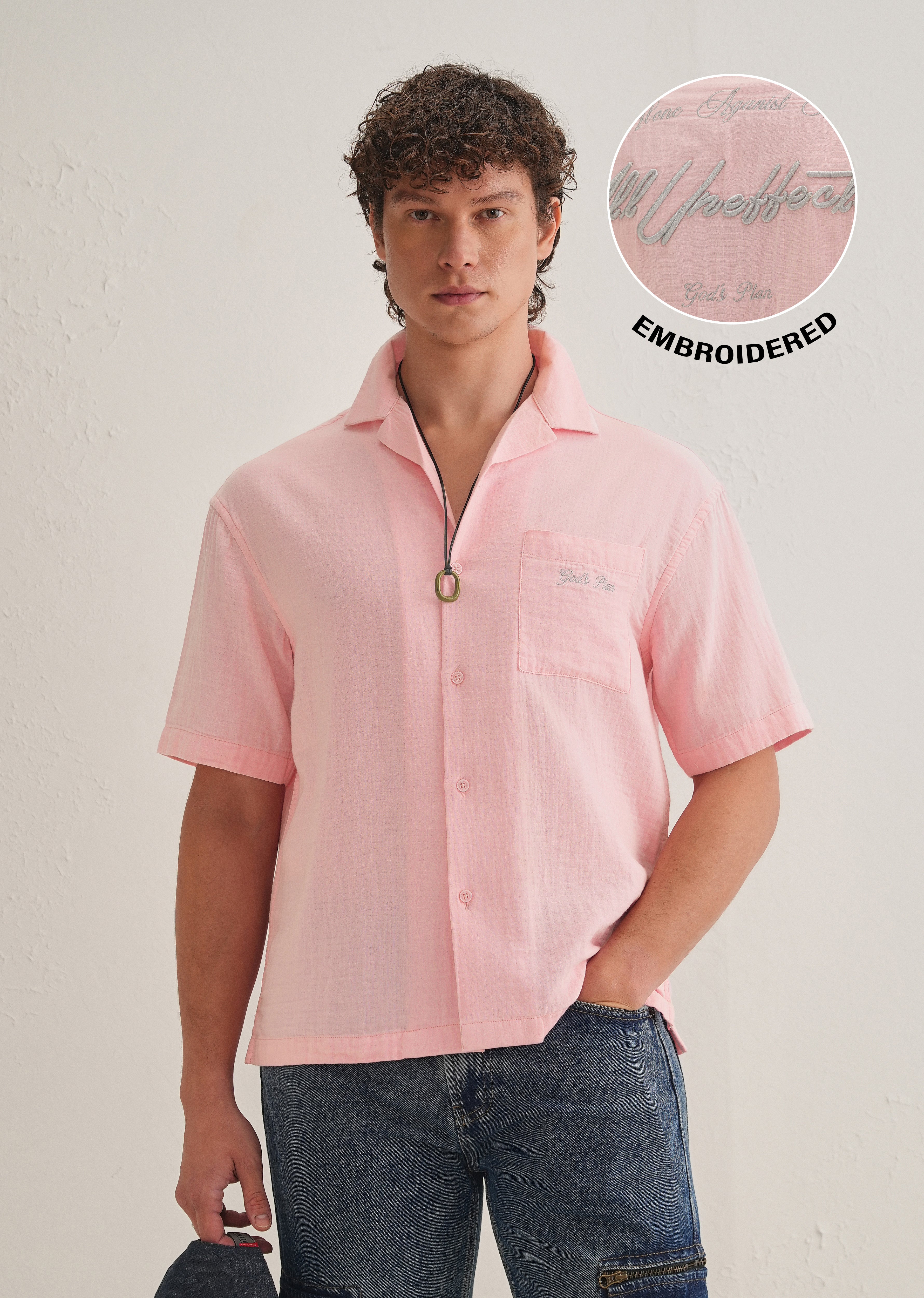 Pink Embroidered Double Cloth Cotton Shirt
