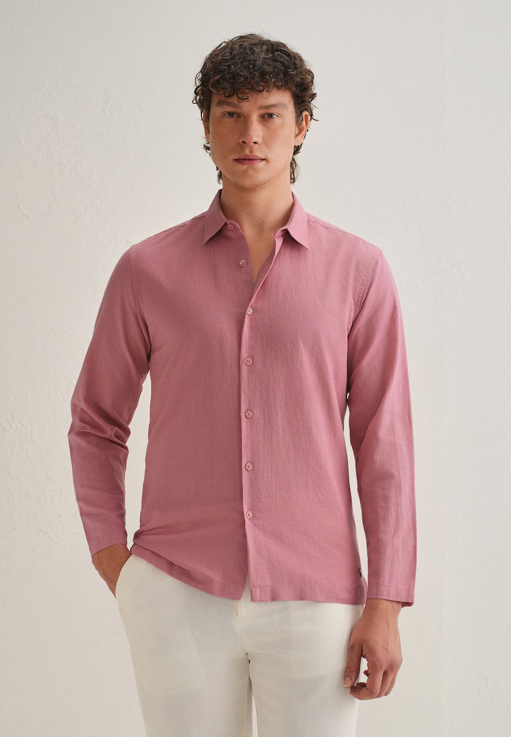 Pink Hidden Sleeve Placket Cotton Linen Shirt